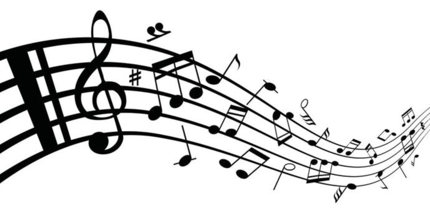 Black musical notes and symbols on staff lines flowing in a wave pattern on a white background.