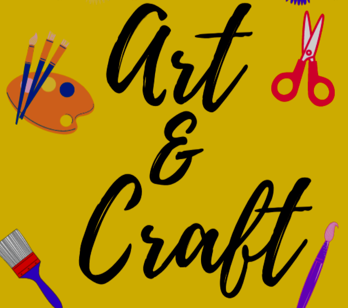 Text reading "Art & Craft" with art supplies like scissors, paint palette, scissors, paintbrush, and craft tools around it.