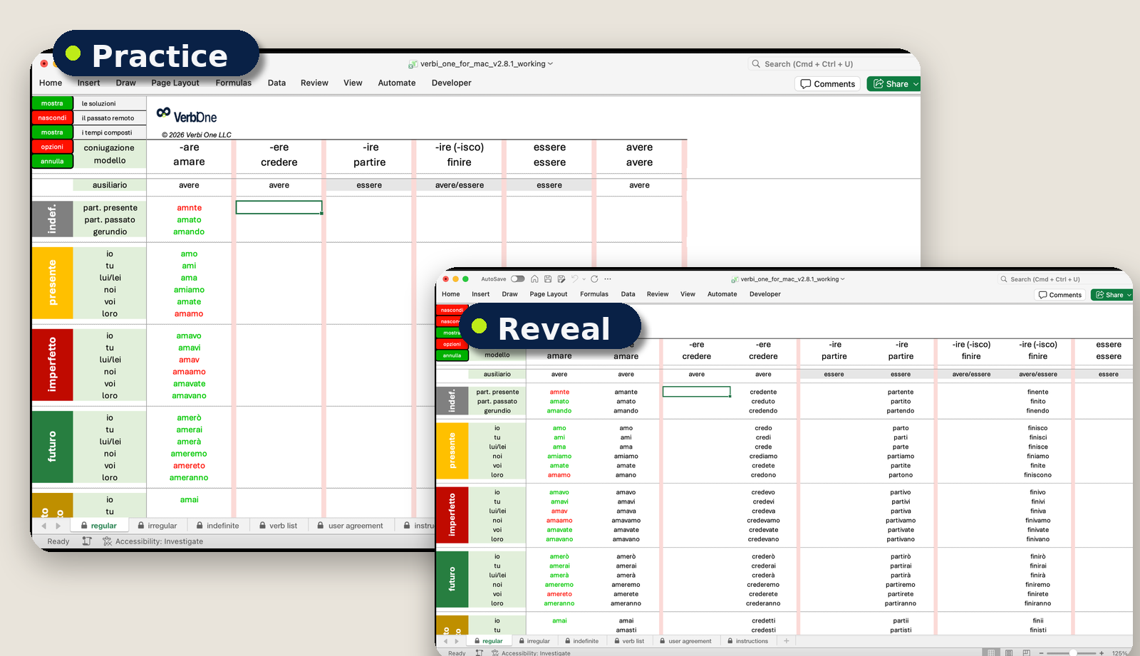 Screenshots of a language learning software showing verb conjugation tables for Italian verbs in Practice and Reveal views.