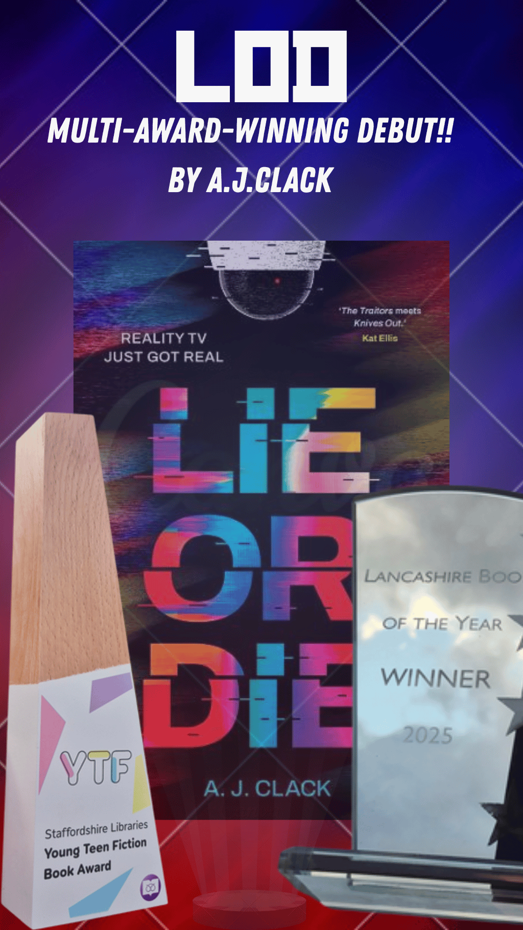 Promotional display for the debut novel 'Lie or Die' by A. J. Clack, winner of the Lancashire Book of the Year 2025, including a Young Teen Fiction Book Award from Staffordshire Libraries.