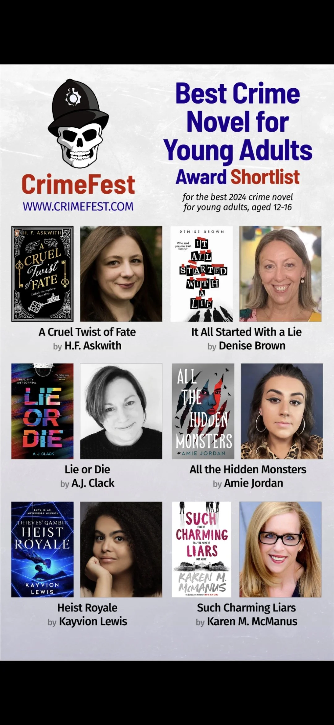 Poster announcing the CrimeFest Best Crime Novel for Young Adults Award Shortlist, featuring the book covers and authors of six nominated novels.
