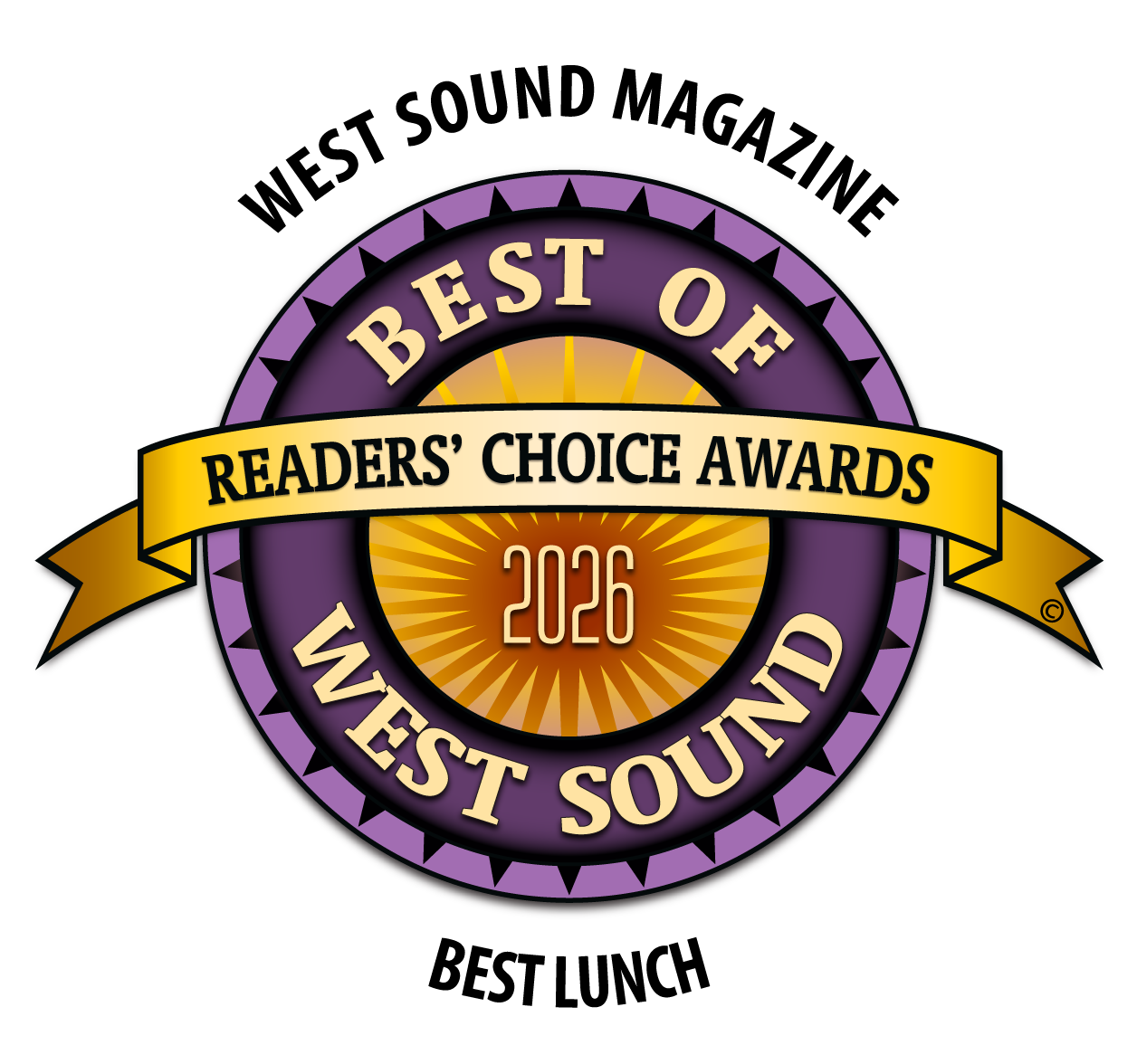 Award badge for Best of Readers' Choice Awards 2026 West Sound, featuring purple and gold colors with a circular design and a ribbon banner.