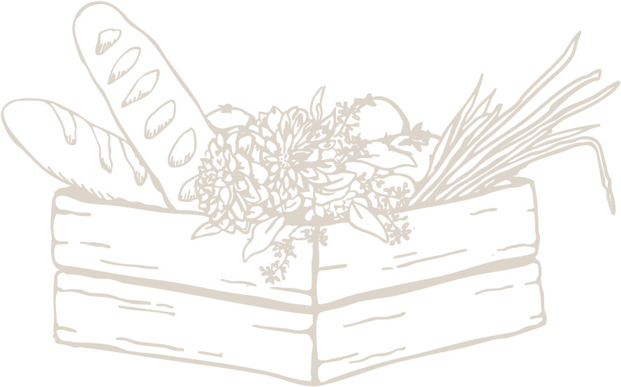 Line drawing of a wooden box filled with flowers, leaves, and tall grass, on a black background.