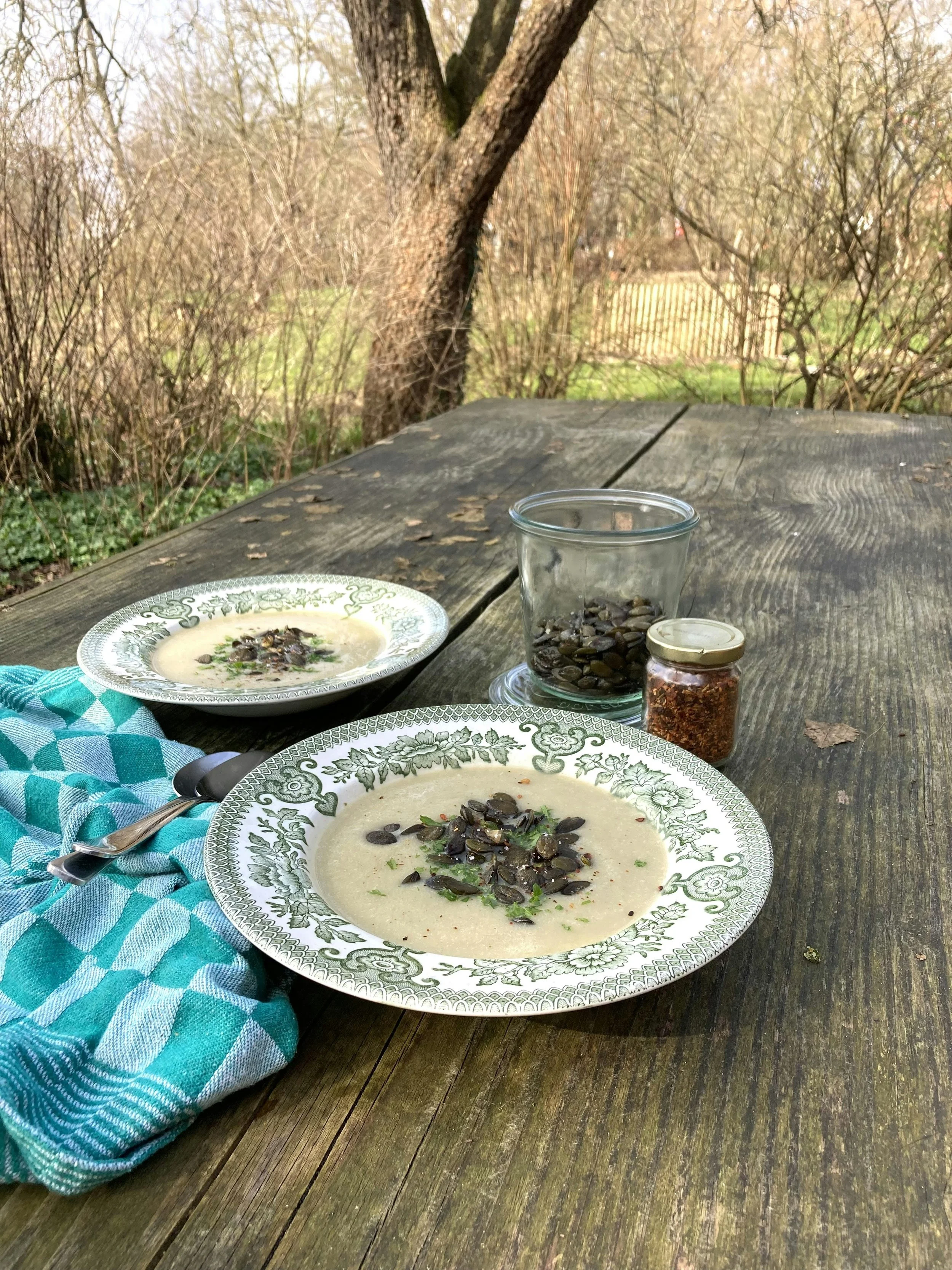 Twee borden met romige soep met zaden en kruiden, op een houten tafel in een tuin, met een vork, een glas met zaden en een potje met kruiden. Buiten bomen en struiken op de achtergrond.