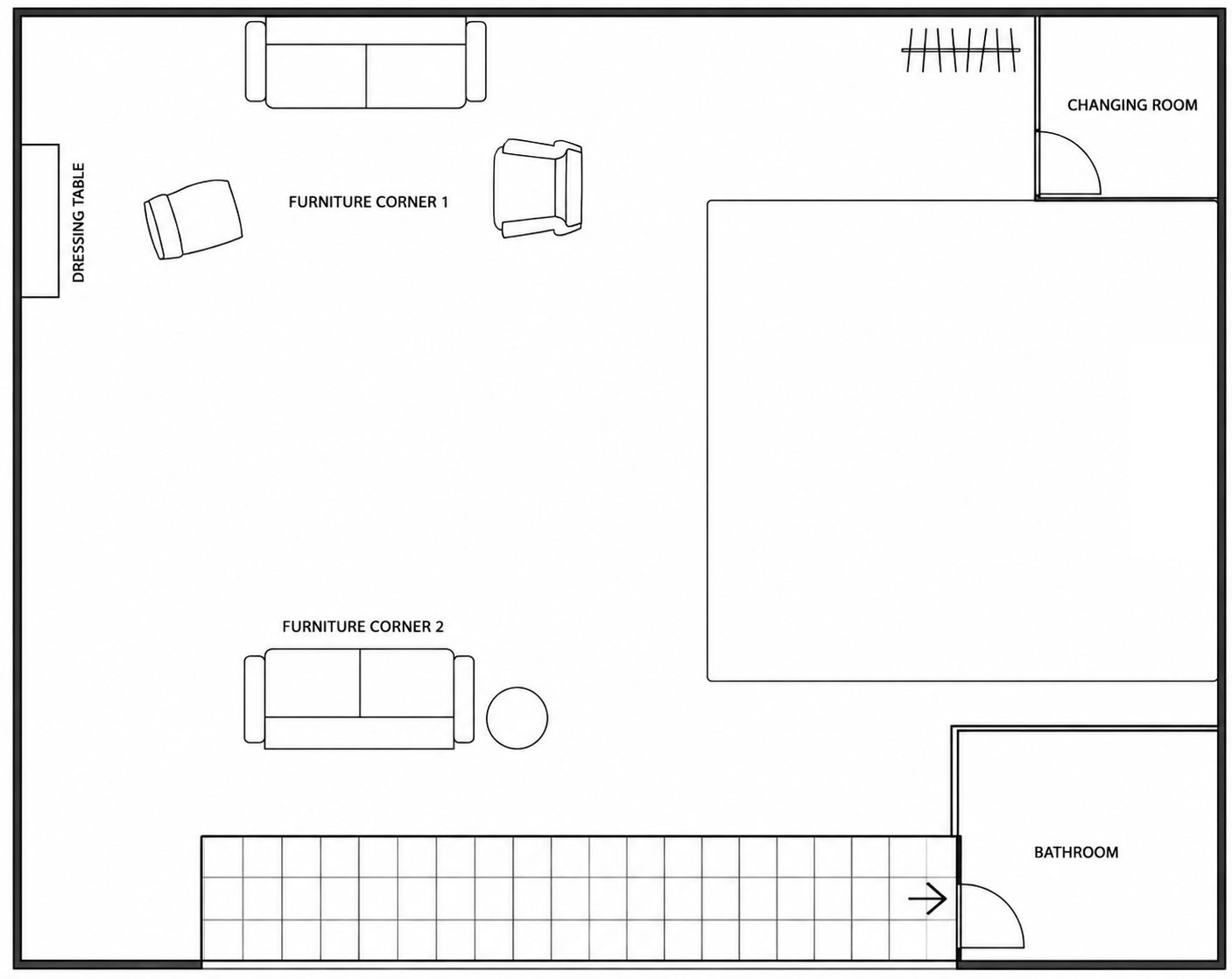Floor plan of a living space with two furniture corners, a bathroom, a changing room, and a tiled area.