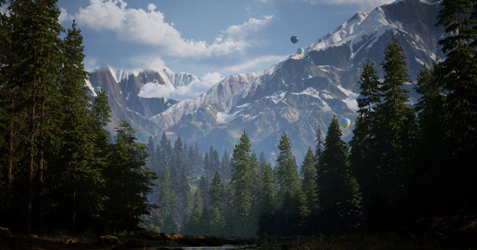 A mountain landscape with snow-capped peaks, a dense forest of tall evergreen trees, and several hot air balloons floating in the sky.