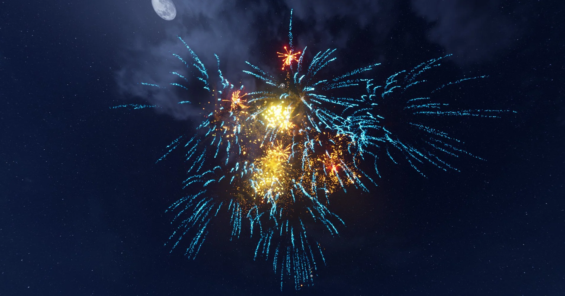 Fireworks exploding in the night sky with the moon visible in the background.