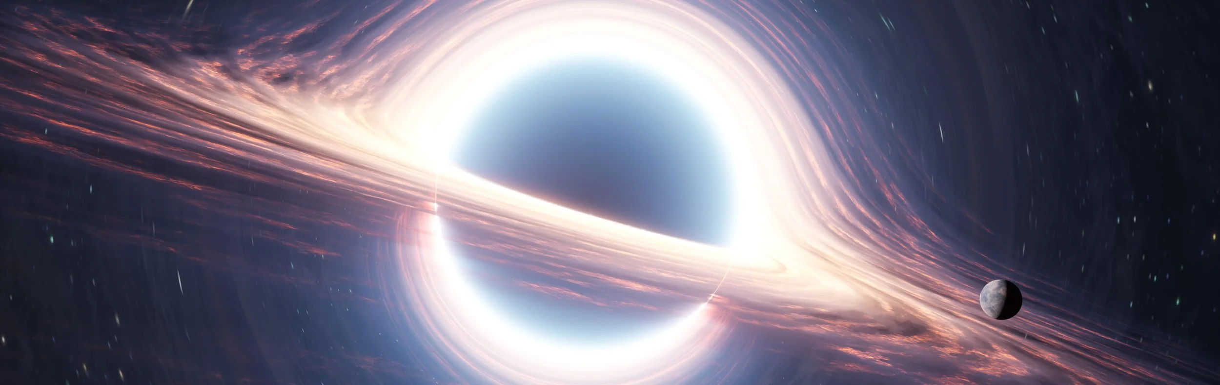 A cosmic scene featuring a large black hole with bright accretion disk, surrounded by colorful swirling gases and stars, with a moon-like celestial body nearby.