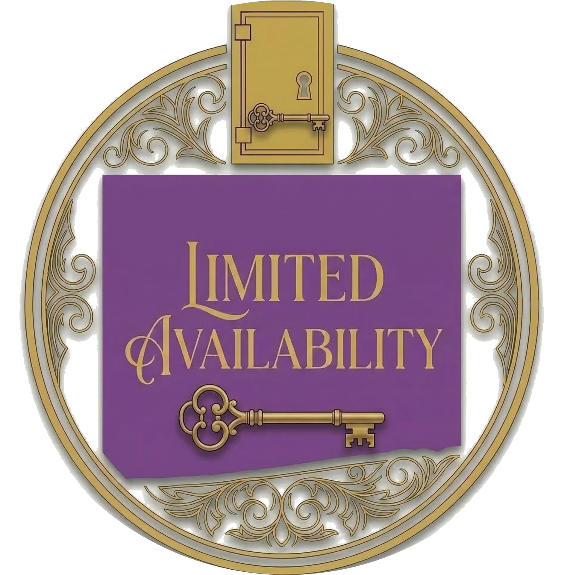 A decorative sign with a purple background and gold text that says 'Limited Availability', surrounded by an ornate gold frame and a small gold key illustration at the bottom. There is also a small gold keyhole and key illustration at the top.