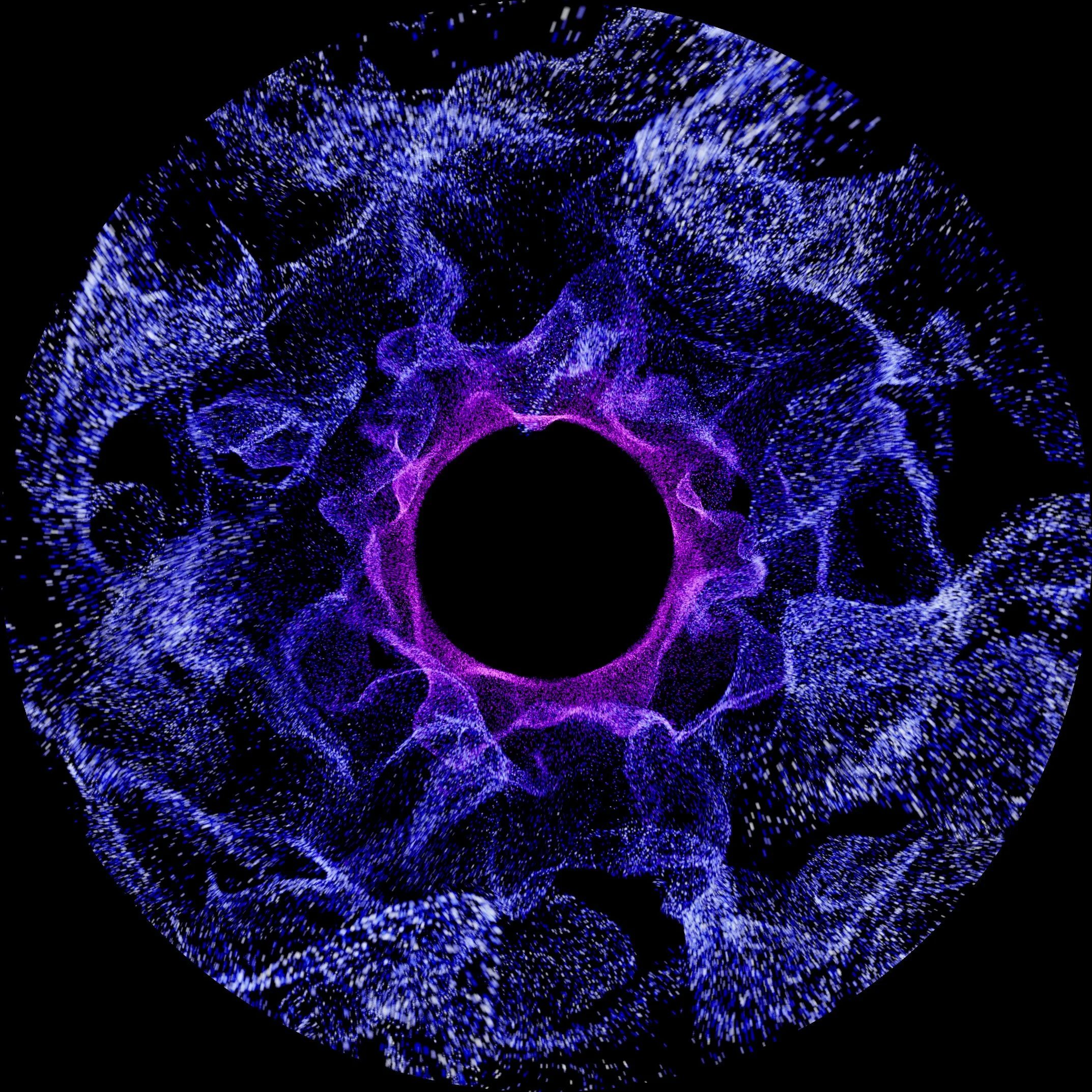 A digital visualization of a circular, swirling pattern in purple and blue hues against a black background, resembling a complex abstract design.