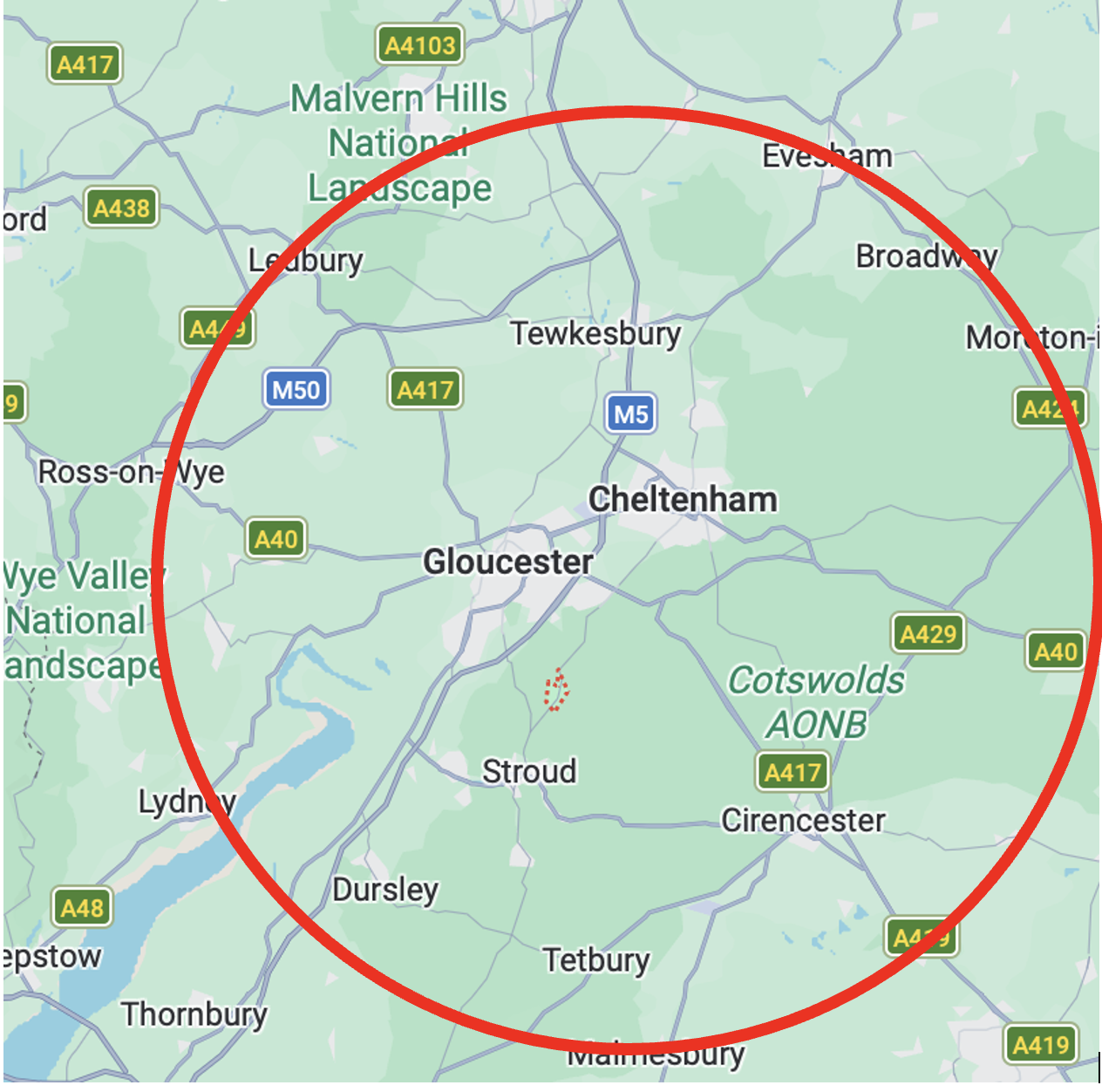 Map of Cheltenham, Gloucester, and nearby towns in England, showing the areas covered by VETO PEST. Pest Control services.
