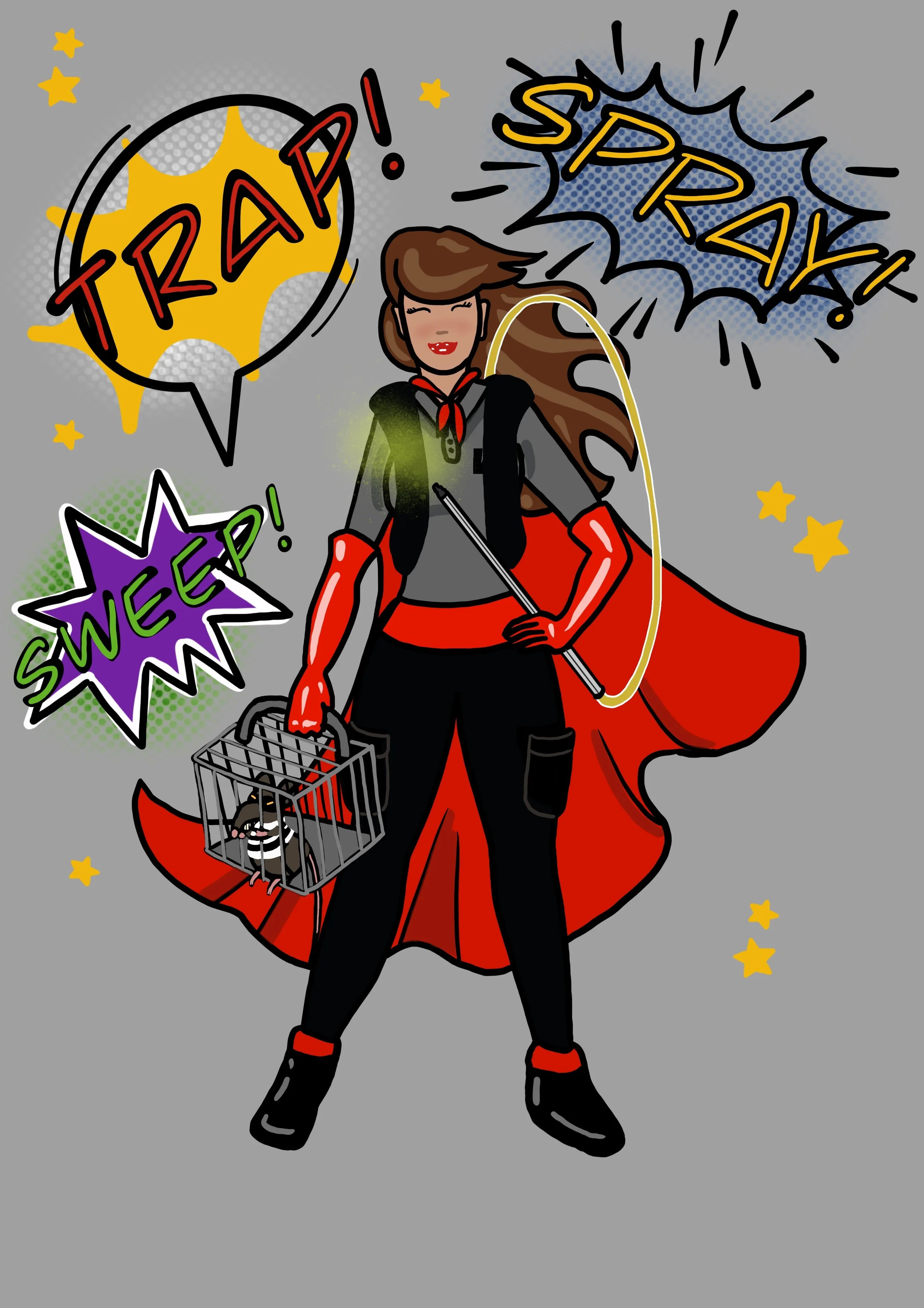 A woman dressed as a superhero with a red cape, red gloves, and black pants, holding a small cage with a hamster inside. She is smiling and surrounded by colorful comic-style words like "TRAP!", "SPRAWL!", and "SWEEP!" along with stars and action lines on a grey background.