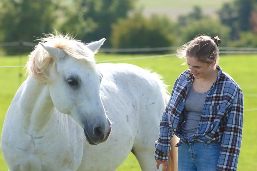 Eine junge Frau steht neben einem weißen Pferd auf einer grünen Wiese, im Hintergrund Bäume und ein blauer Himmel.