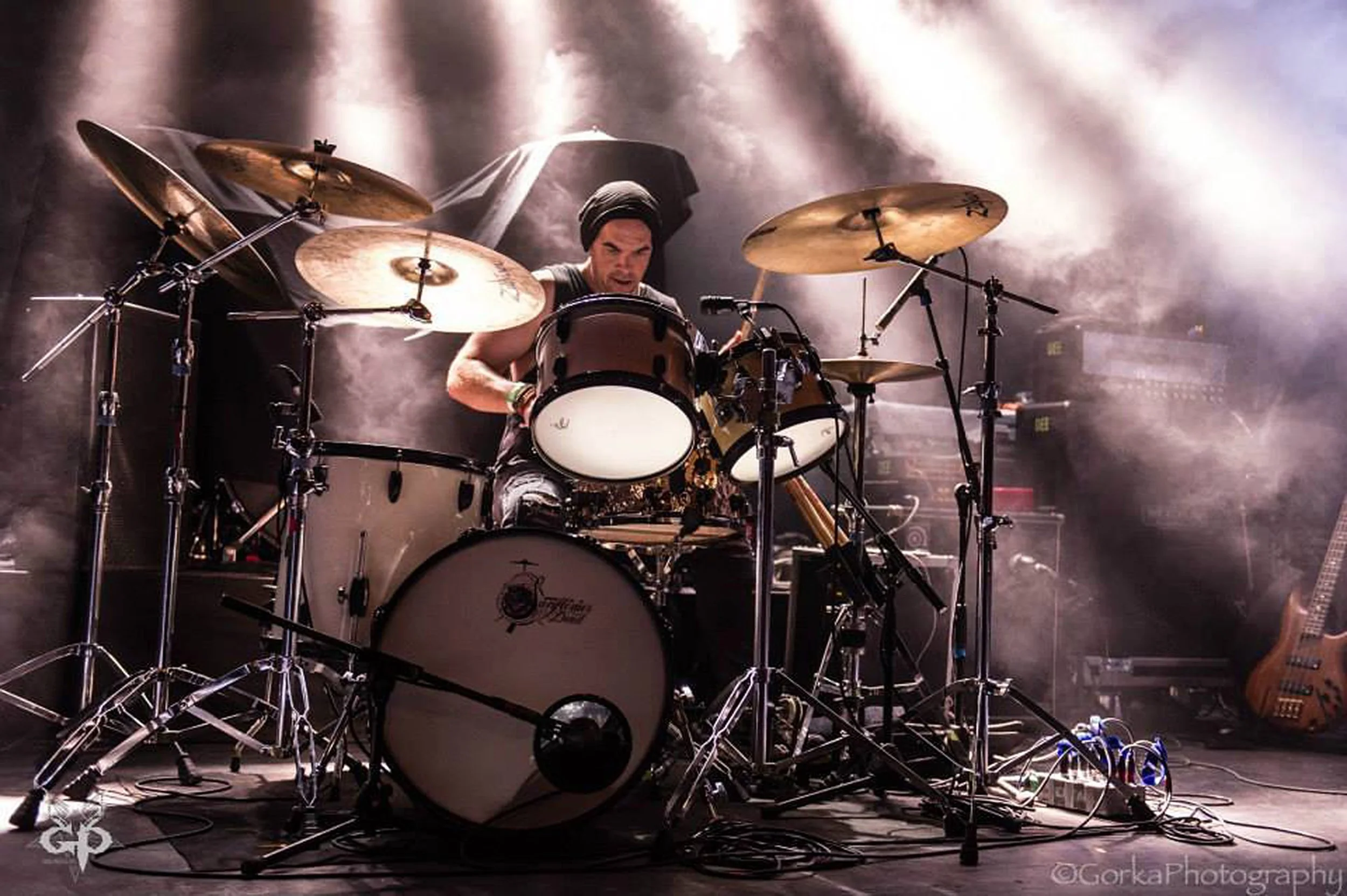 Kyshera drummer, Glyn Bateman playing drums at a Kyshera concert in Europe 