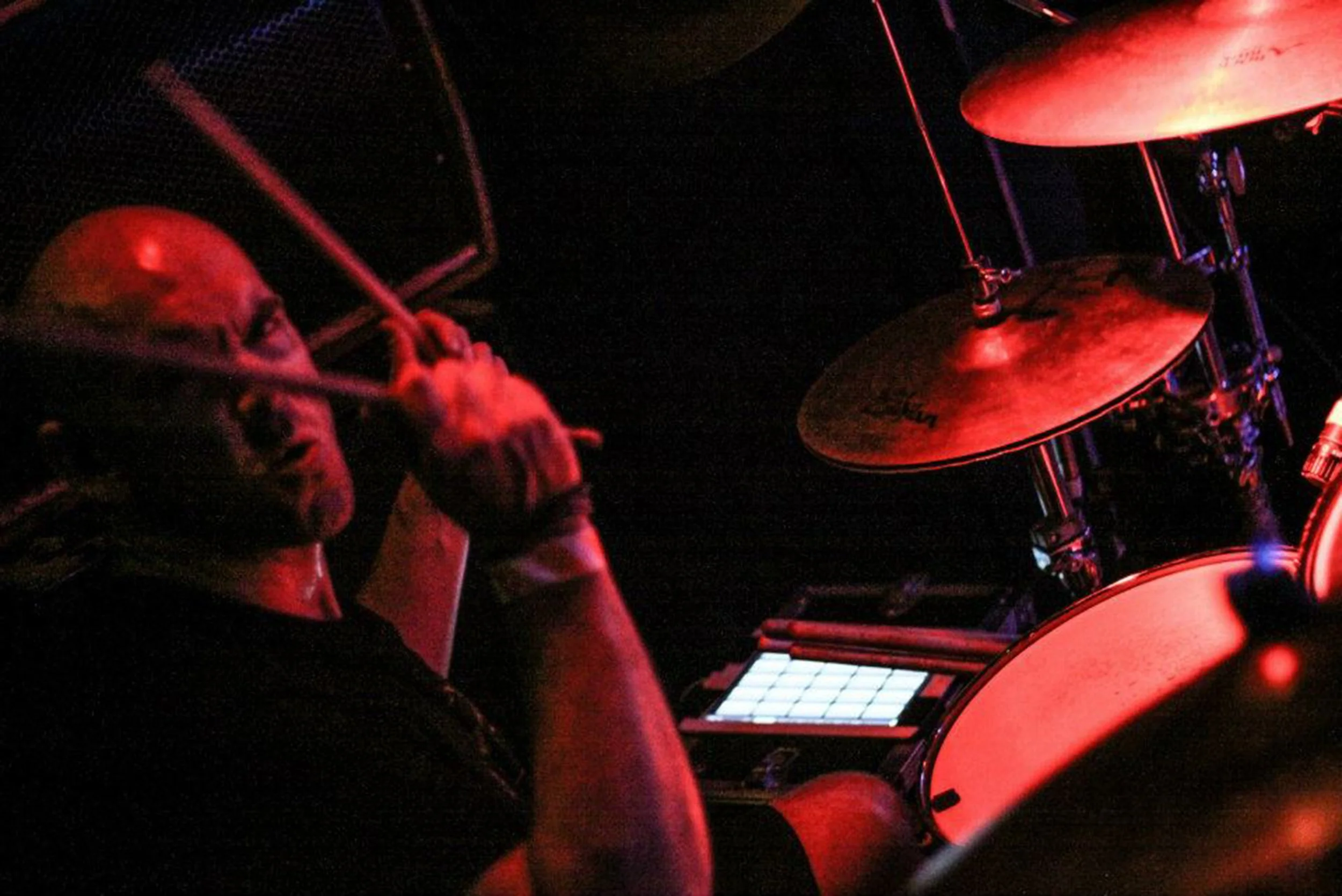 Kyshera drummer, Glyn Bateman playing drums at a Kyshera concert in London 
