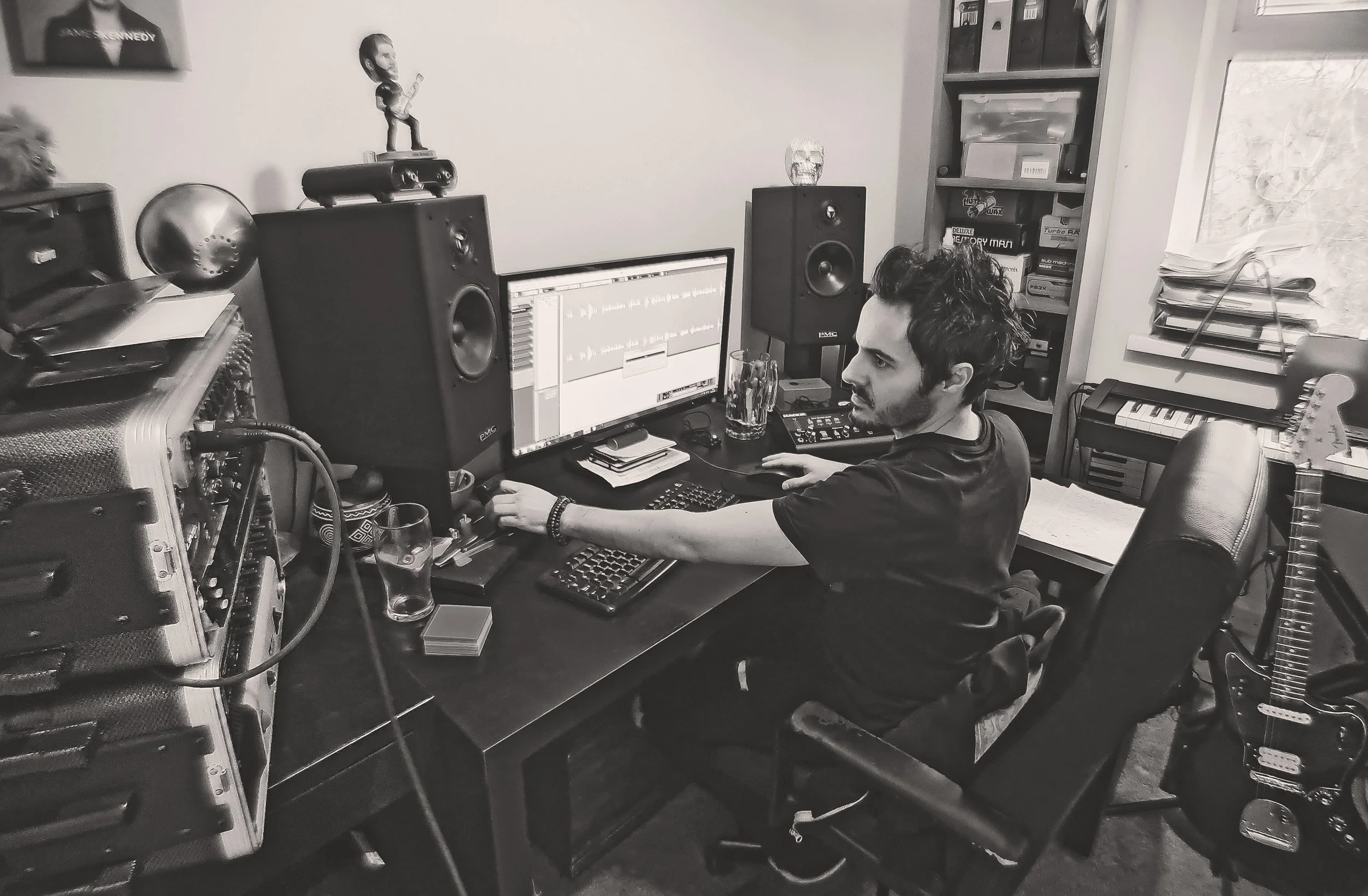 James Kennedy, the singer in the rock band 'James Kennedy and The Underdogs' at his home studio in Wales recording music