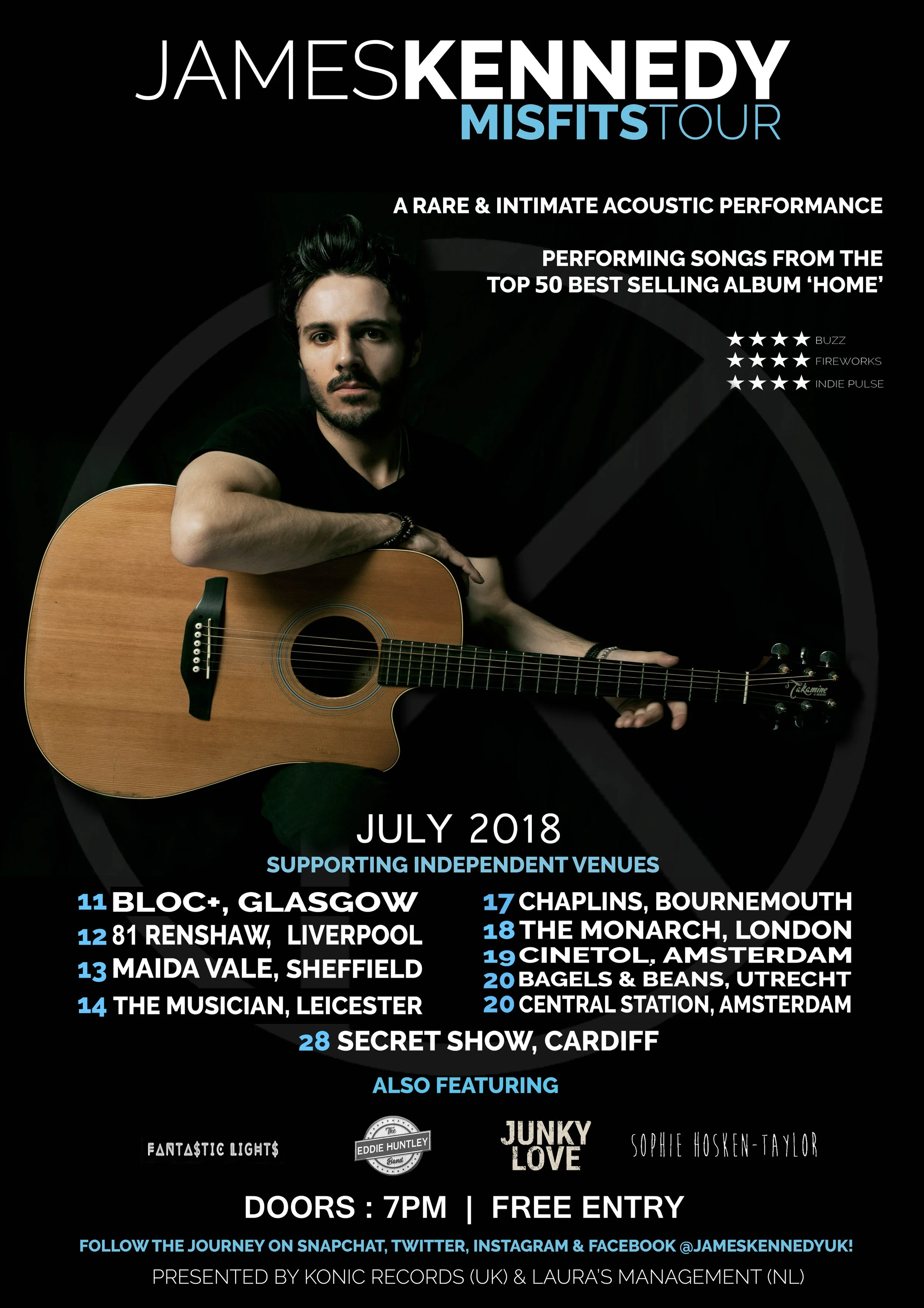 Tour poster for the singer and musician, James Kennedy and his 2018 solo acoustic 'Misfits' Tour