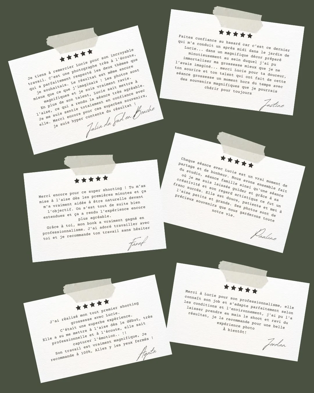 Collection de six notes manuscrites avec des rubans adhésifs, exprimant des témoignages de gratitude envers Lucie, avec des étoiles en haut de chaque note, sur un fond vert.