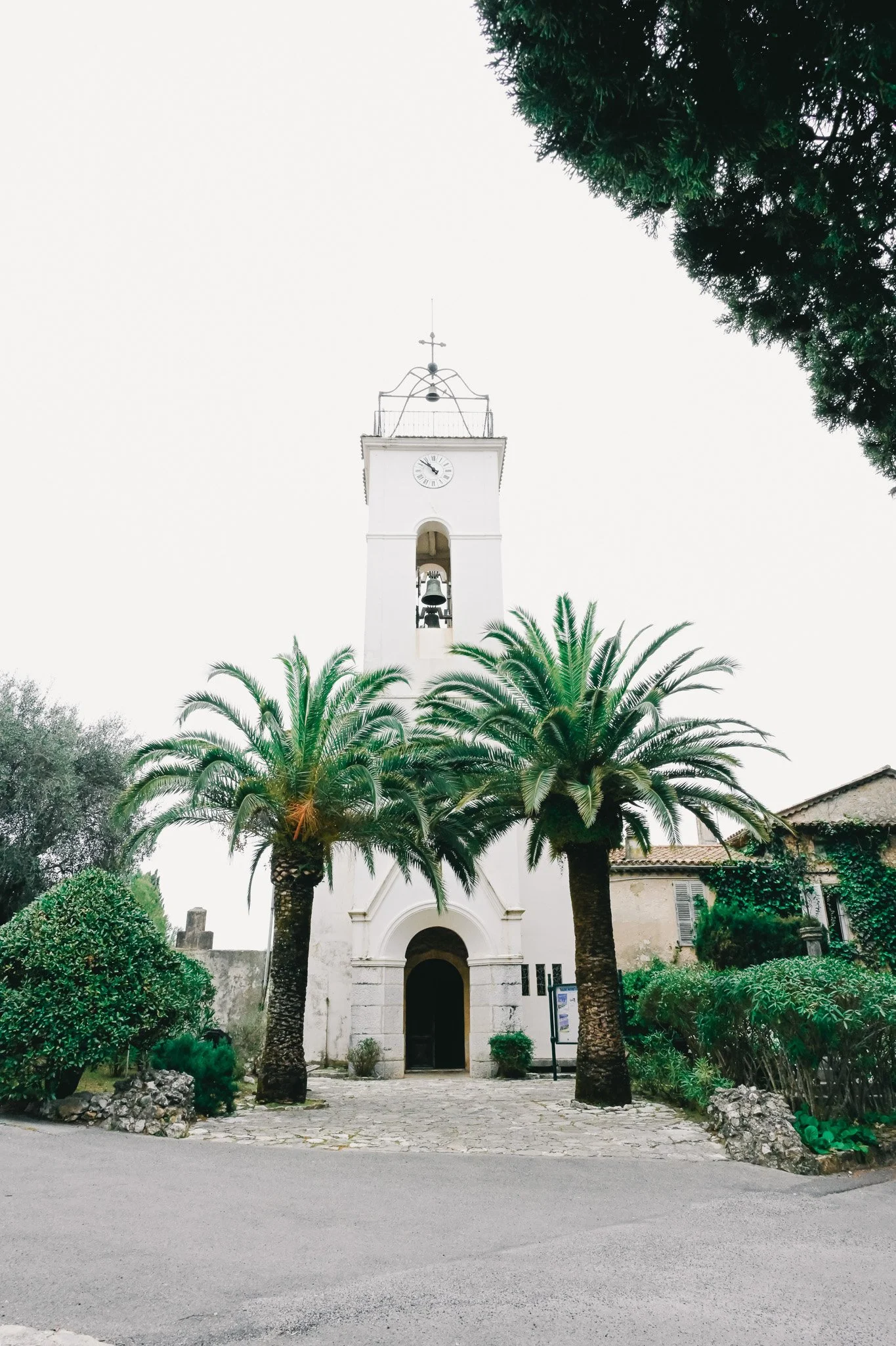 Église blanche avec un clocher, entourée de palmiers et de végétation, située dans un environnement paisible.