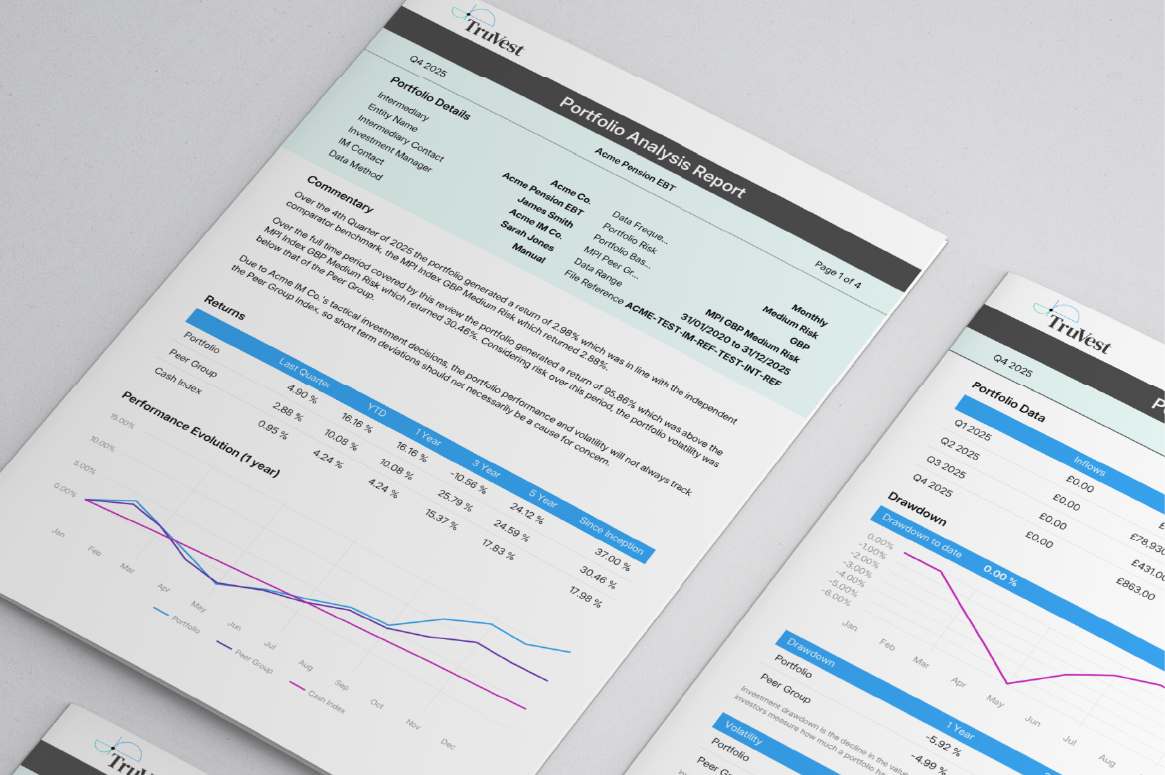 Two printed portfolio analysis reports from TruVest, showing performance data, graphs, and commentary for a pension fund, with sections like portfolio details, commentary, returns, and performance evolution.