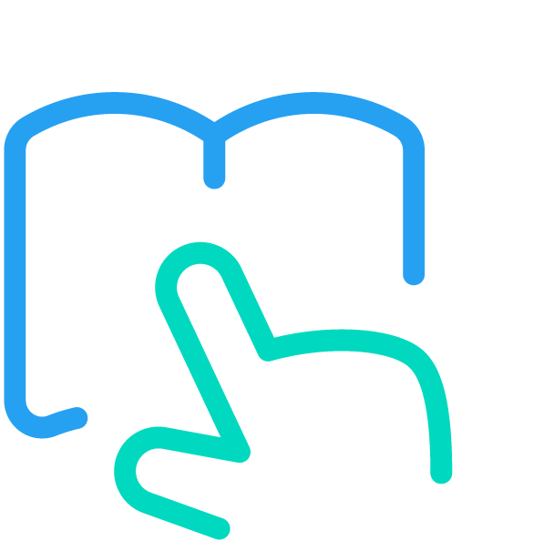 Outline of a hand touching an open book, depicted as a neon-style line drawing.
