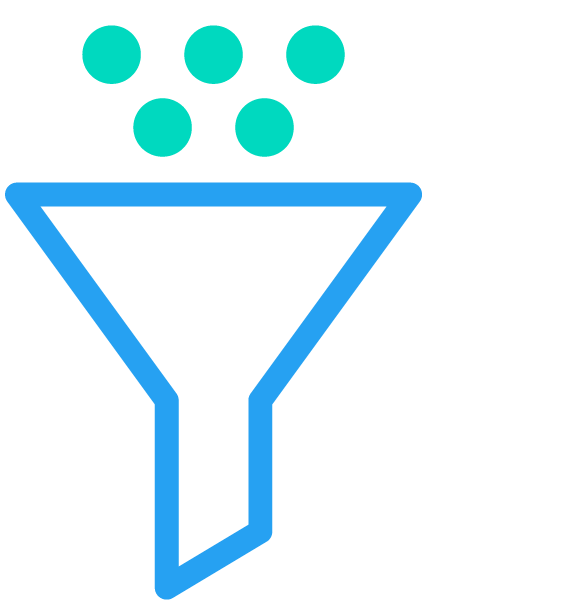 Icon of a blue funnel with six teal dots above it, representing filtration or sorting.