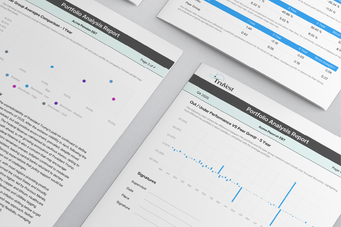 Multiple financial analysis reports and charts on a light-colored table, including portfolio analysis, peer group comparison, and performance trend graphs with data points and signature lines.