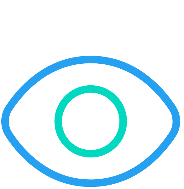 A blue outline of an eye with a teal-colored circle inside representing the iris.