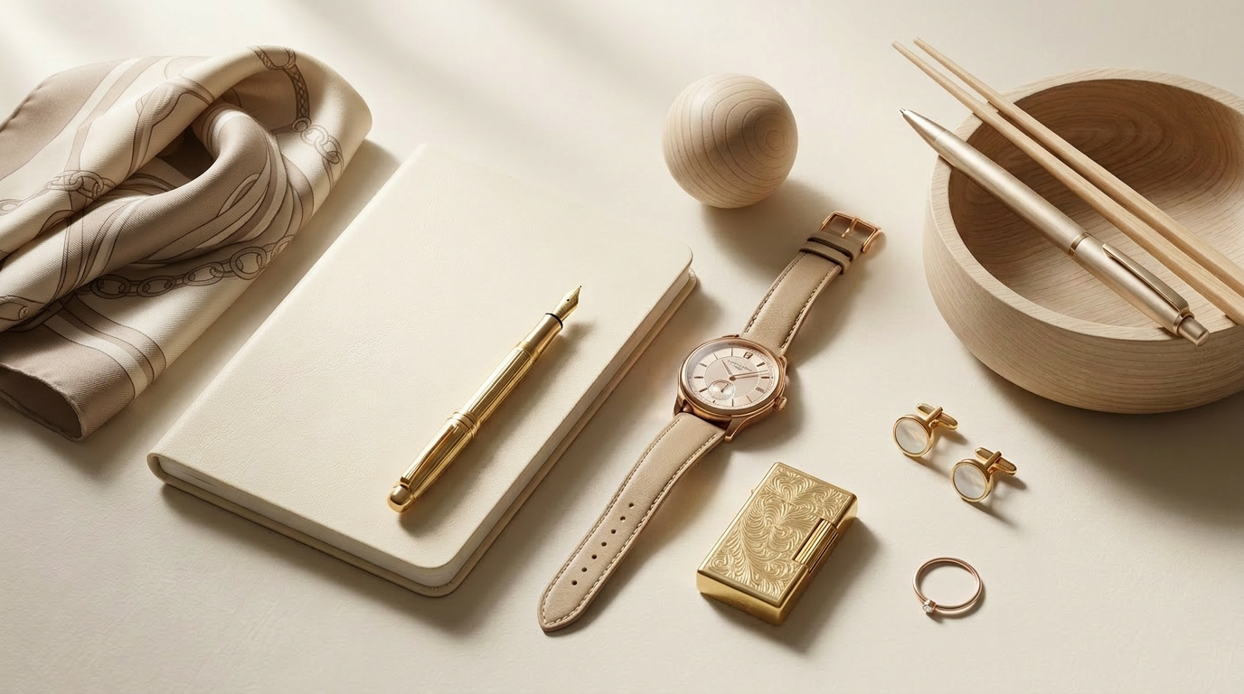 Une collection d'objets élégants de couleur neutre, incluant un scarf, un carnet, un stylo, une montre en cuir beige, une boîte à bijoux, des boucles d'oreilles, une bague, et un porte-cigarette en or, placés sur une surface claire.