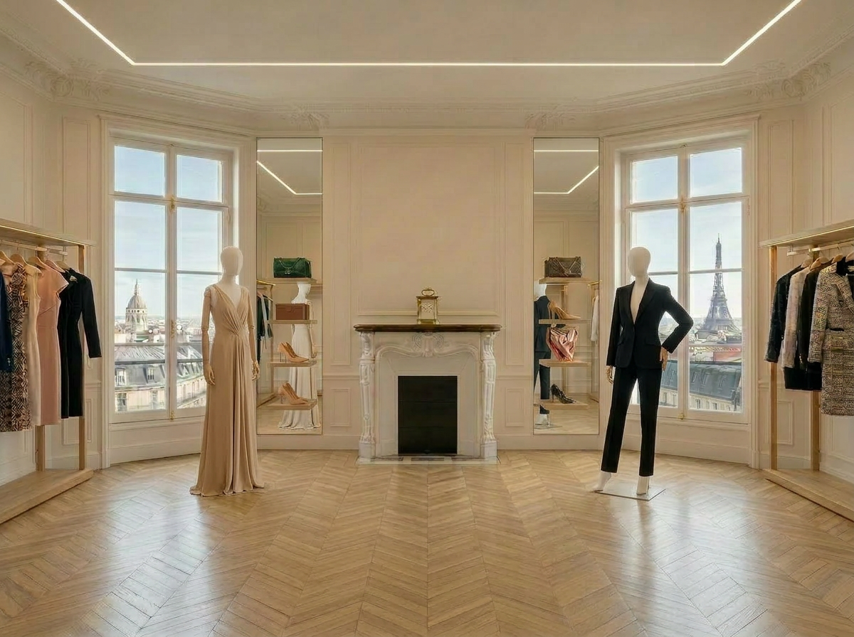 Salon parisiens pour réception des clients The Fitting Room Paris. Deux mannequins, un en robe longue beige et l'autre en tailleur noir, de chaque côté des portants pour les vêtements sélectionnés. Salon avec vue sur la Tour Eiffel.