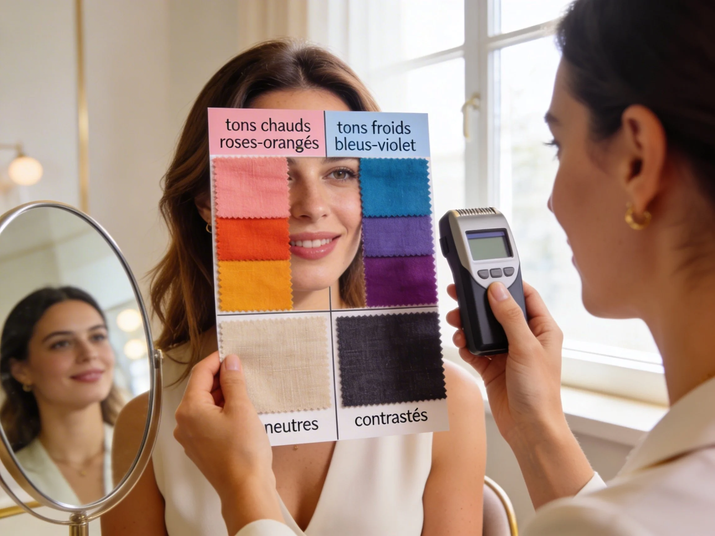 Une experte en colorimétrie analyse les teintes naturelles de sa cliente pour identifier les les couleurs qui la mettent le plus en valeur, illuminent son teint et renforce son éclat.