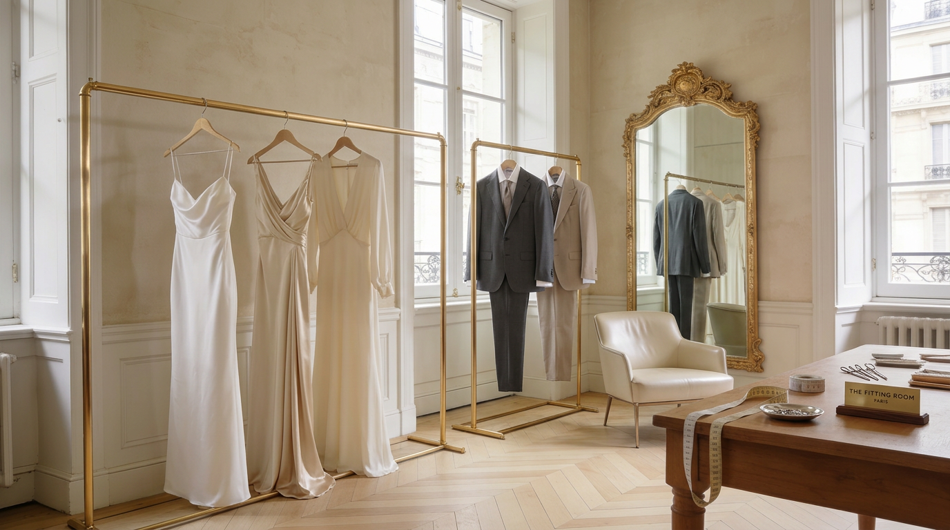 Salle d'essayage de vêtements de personal shopping avec des robes de mariée et des costumes pour hommes sur portants, miroir ancien, fauteuil beige et bureau en bois avec des livres et un ruban de tailleur.