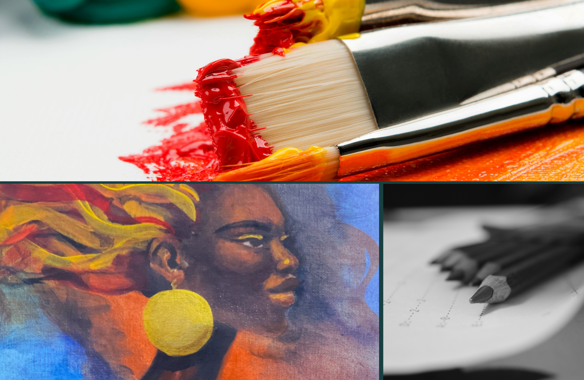 A collage of three images: a paintbrush with red and yellow paint, a colorful portrait of a woman with yellow earrings, and a black-and-white photo of pencils on graph paper.