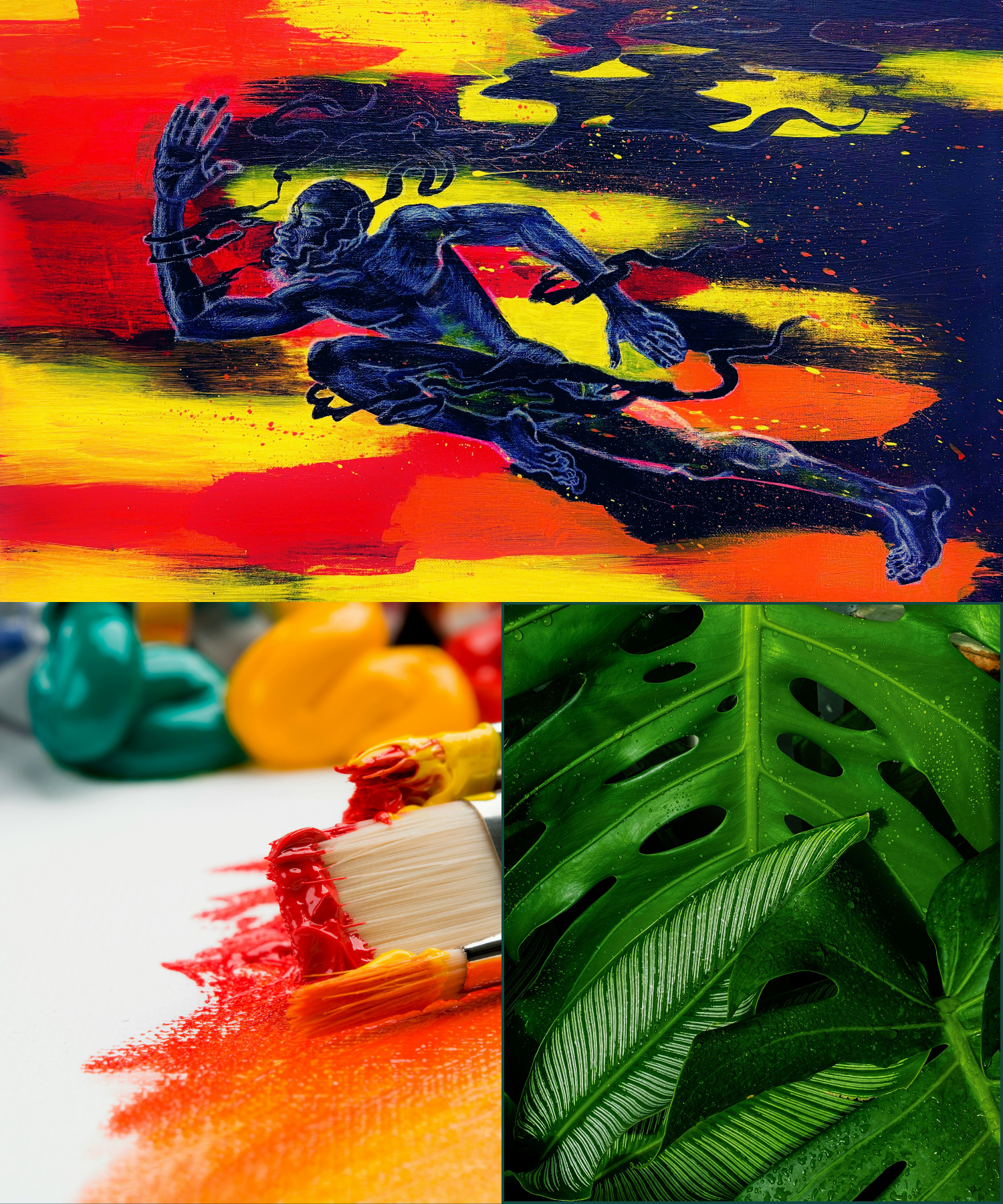 Split image with an abstract painting of a man running on the top, a close-up of tropical green leaves on the right, and a painter's palette with paint and brushes on the left.