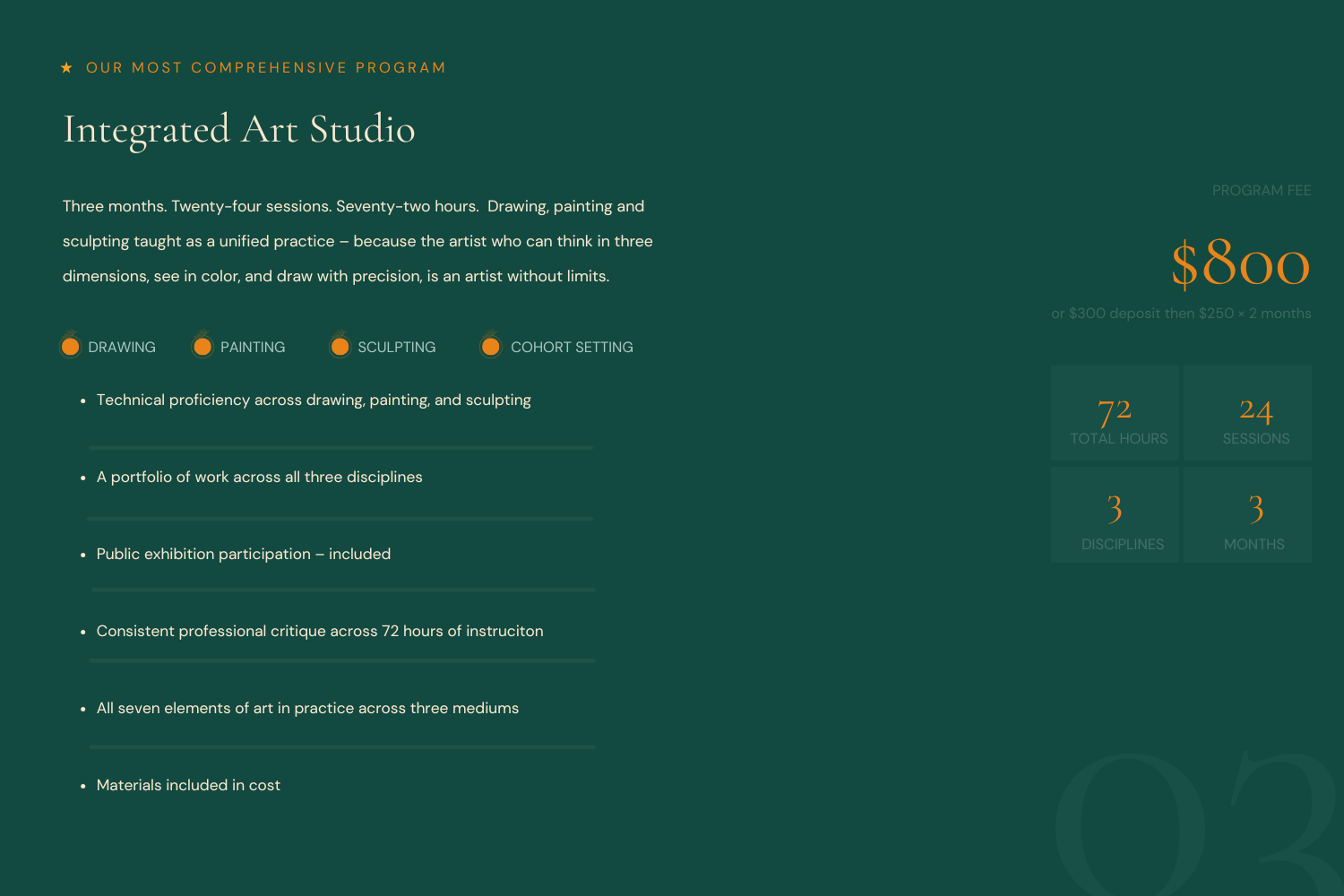 Text-based digital graphic advertising an integrated art studio program for three months, costing $800, including drawing, painting, and sculpting courses, with details about total hours, sessions, disciplines, and months.