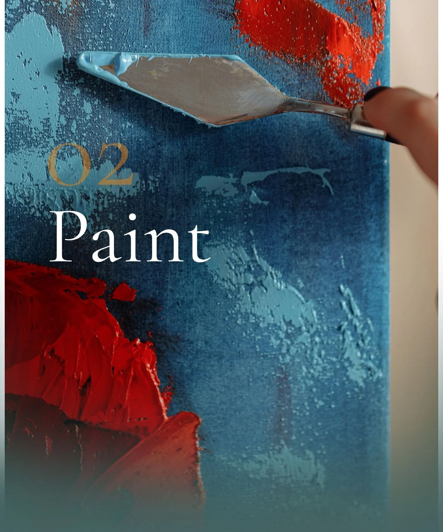 Close-up of a palette knife spreading light blue paint on a canvas that already has red and blue paint. The words 'O2 Paint' are written on the canvas.