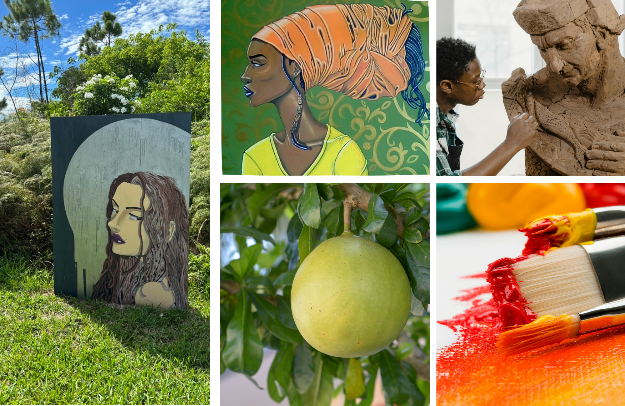 Collage of five images: a mural of a woman with long hair outdoors, an illustration of a woman with an orange headwrap, a person sculpting a large clay sculpture of a woman, a green fruit hanging from a tree, and a close-up of paintbrushes with red, yellow, and orange paint.