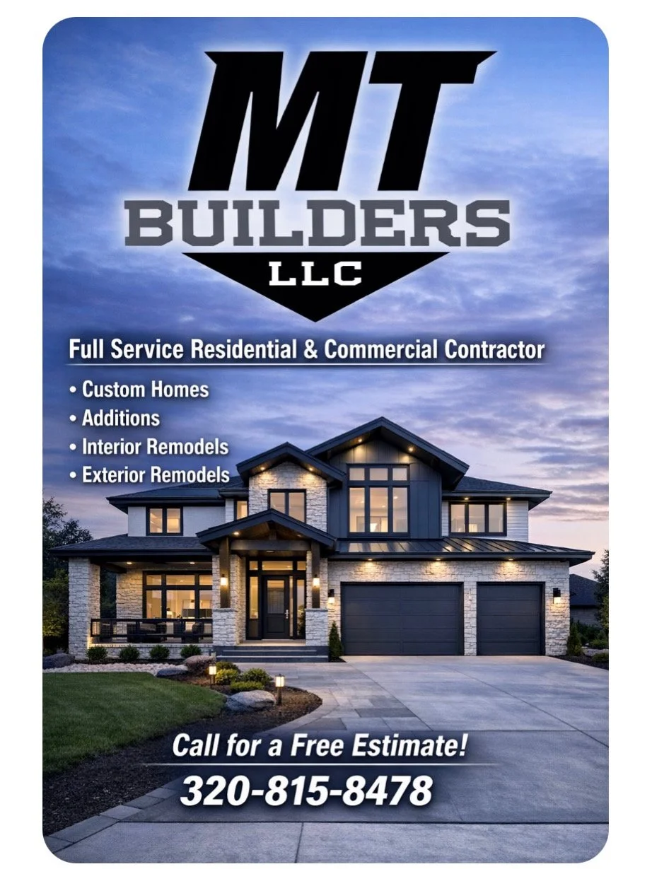 Flyer advertisement for MT Builders LLC, a full-service residential and commercial contractor, featuring a modern house with exterior lighting at sunset, and including contact information and services offered.