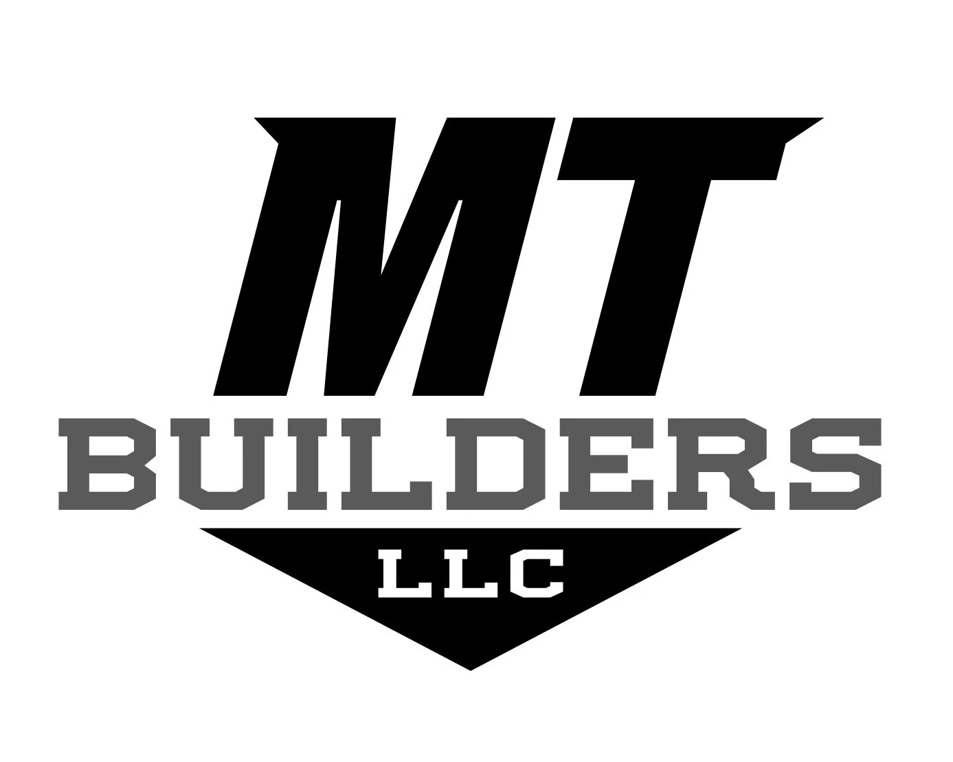 Logo with stylized text 'MT' at the top, 'BUILDERS' in gray block letters in the middle, and 'LLC' in white letters on a black background at the bottom.