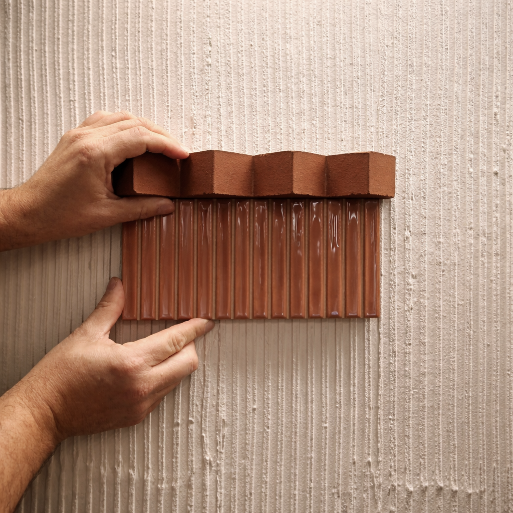 Hands installing clay roof tiles on a textured wall.