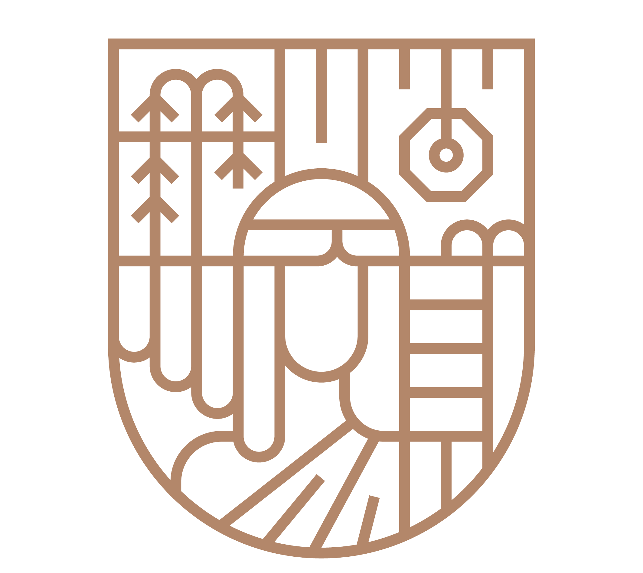 Melpomene muse hotel Stylized line art illustration of a person with a blindfold, surrounded by trees, a ladder, and an abstract geometric design.