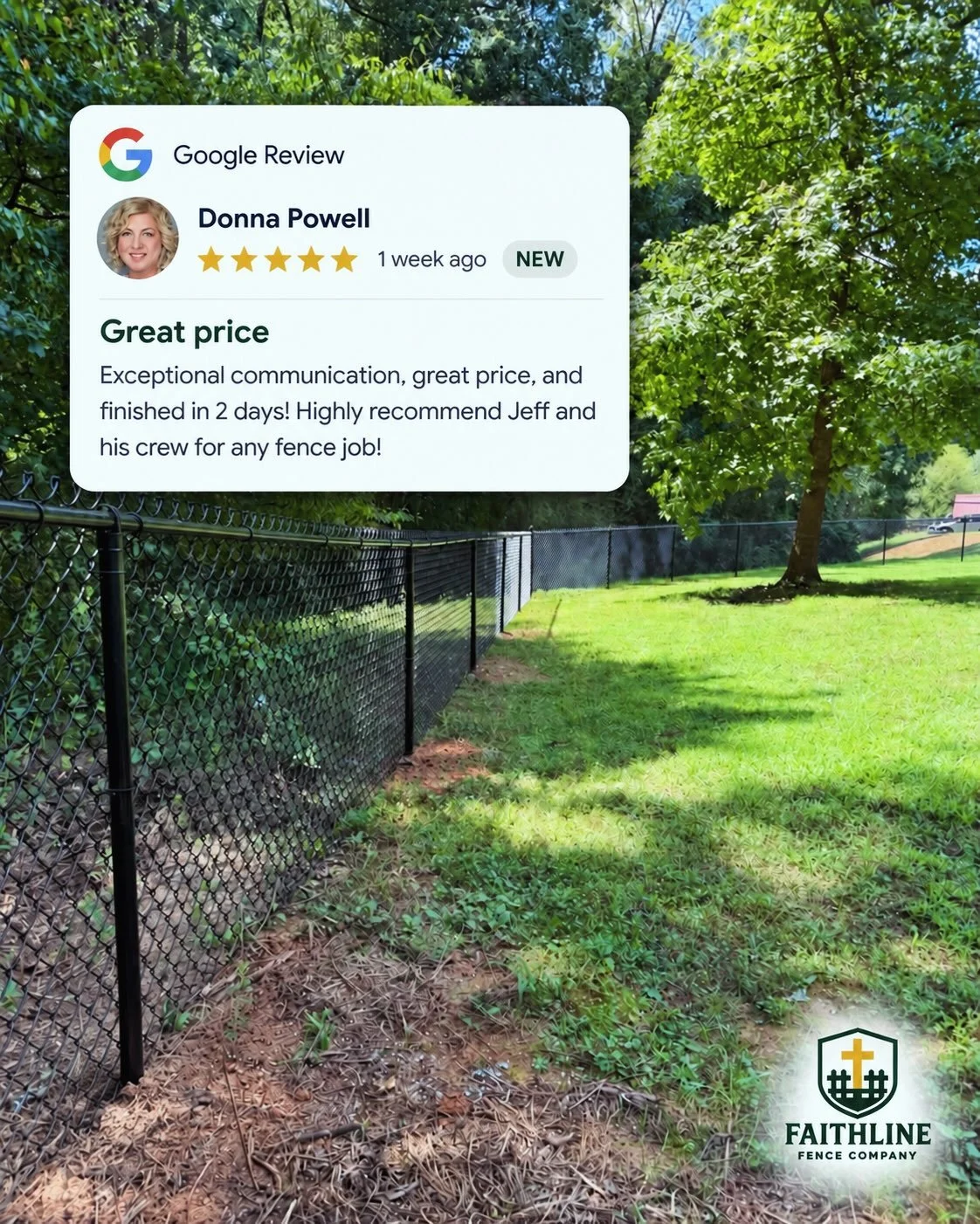 Another happy customer! ⭐️⭐️⭐️⭐️⭐️

Quality work, great communication, and a fence built to last. Thank you, Donna, for the opportunity and for trusting FaithLine with your fence project! 

FaithLine Fence Company 
📞 706-973-8126
🌐faithlinefenceco.