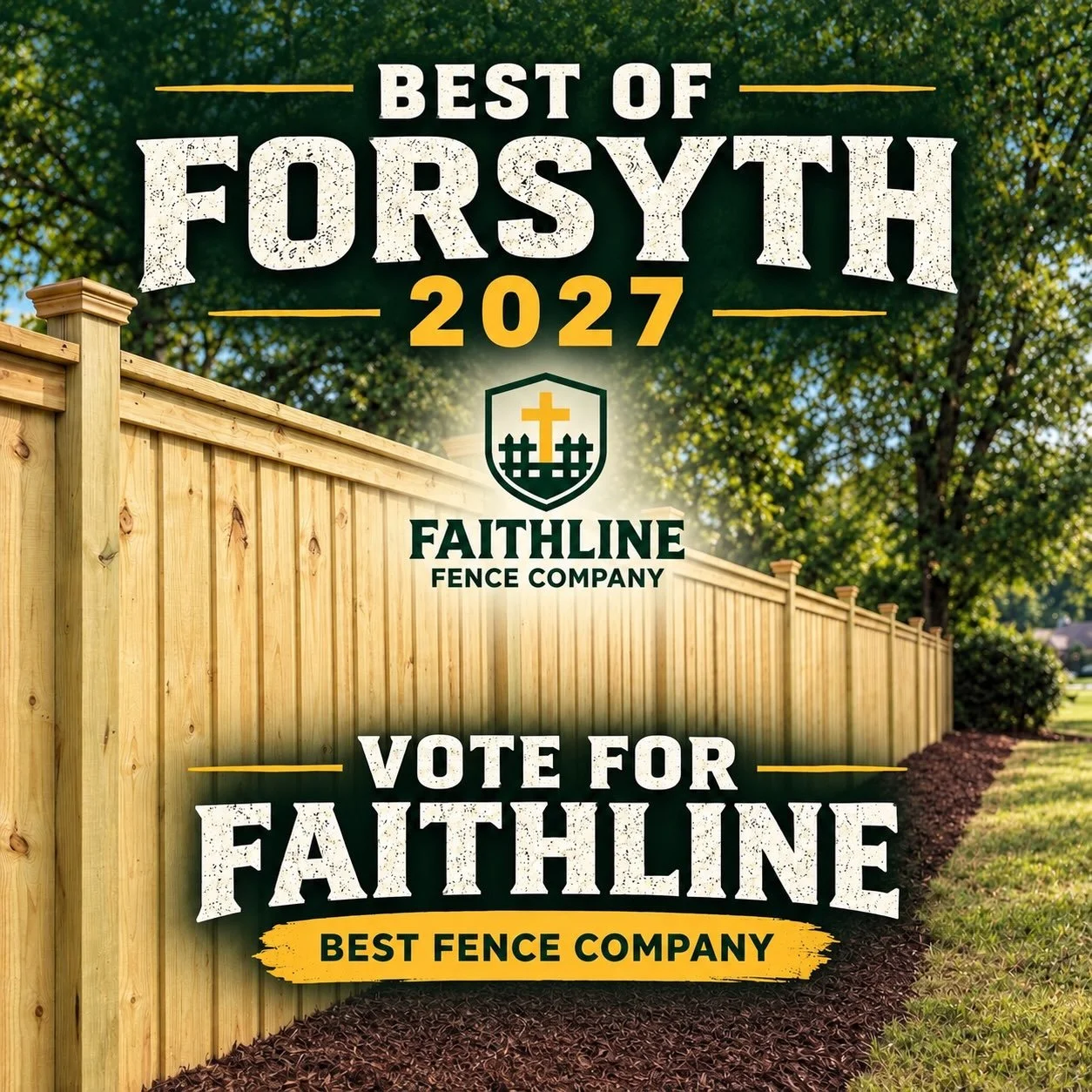 Faithline Fence Company is nominated for Best Fencing Contractor in Forsyth 2027!

If you&rsquo;ve trusted us with your fence, we&rsquo;d appreciate your vote. Every vote means a whole lot to our family and our crew.

Vote Faithline
‼️Link is in the 