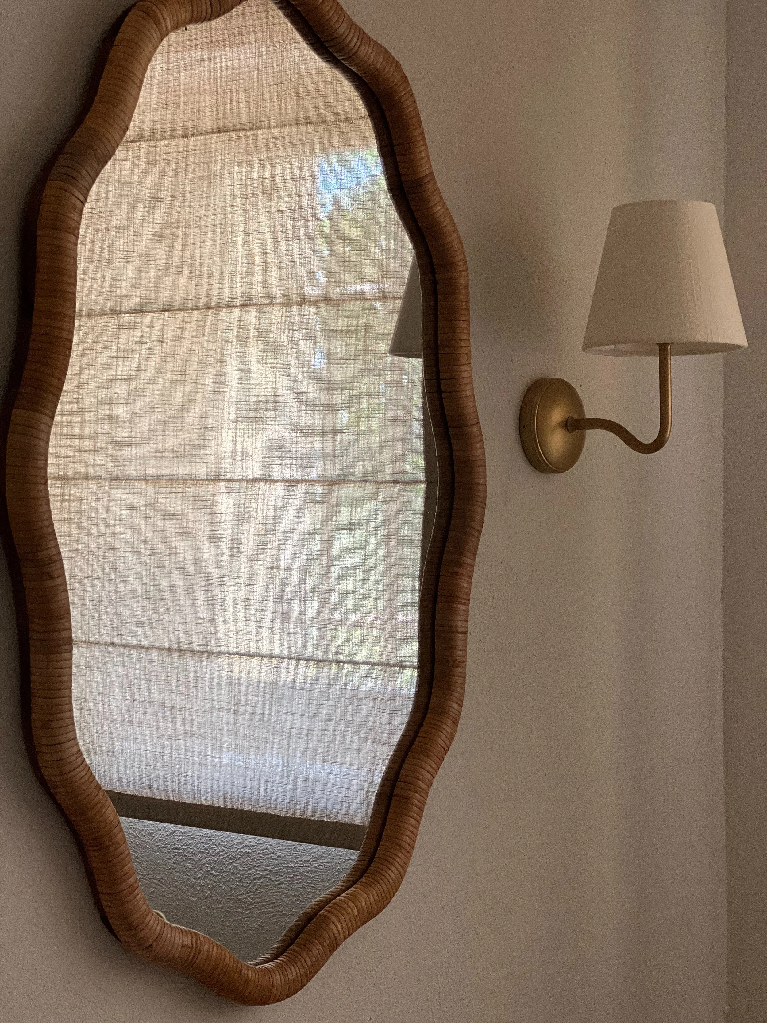 scallop mirror, rattan mirror, corston wall light, linen shade, linen blinds light, high end, details, wellness