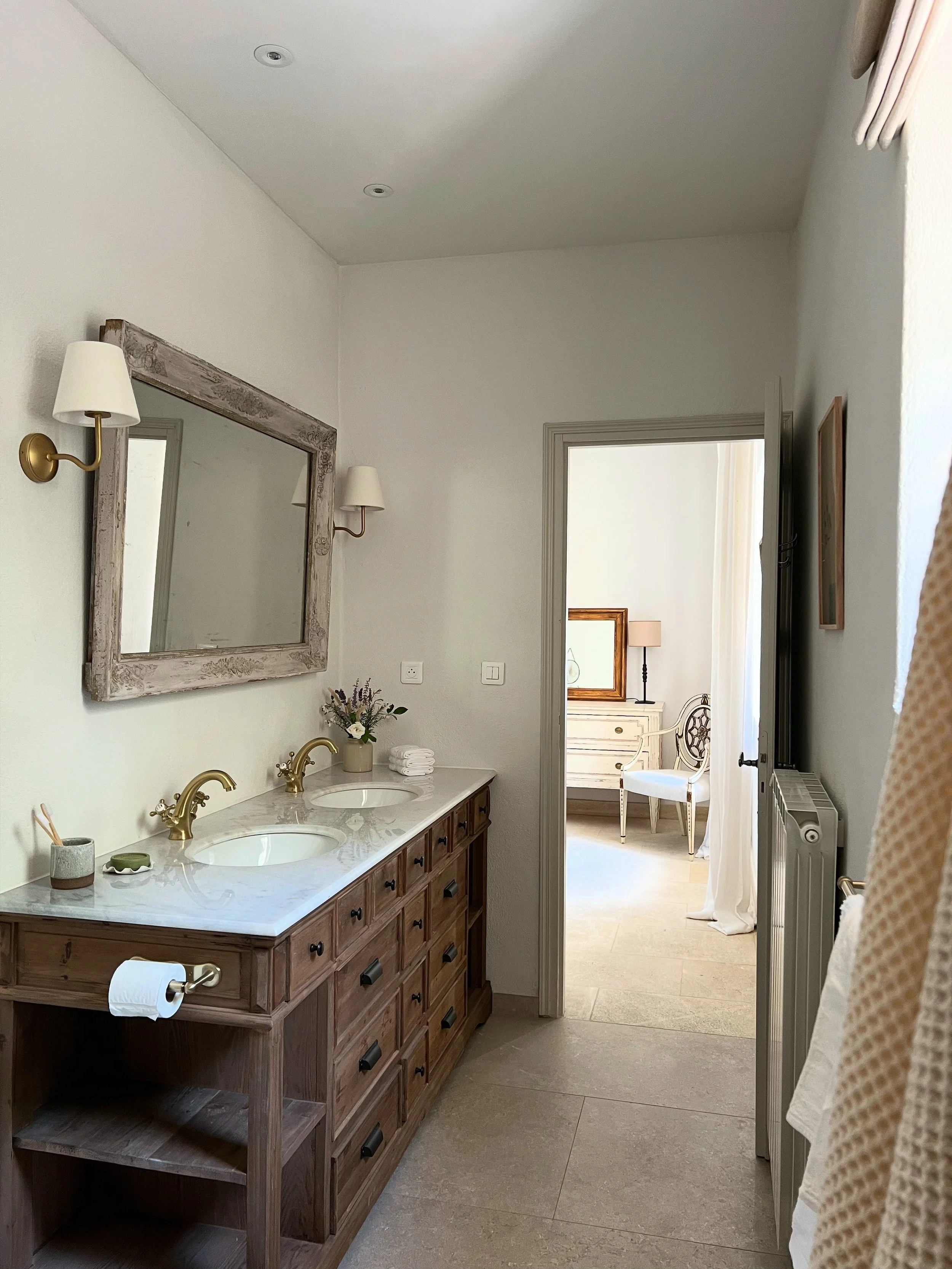 antique vanity unit, brass taps, sheer linen blinds, waffle towels, corston wall lights, provence, wellness