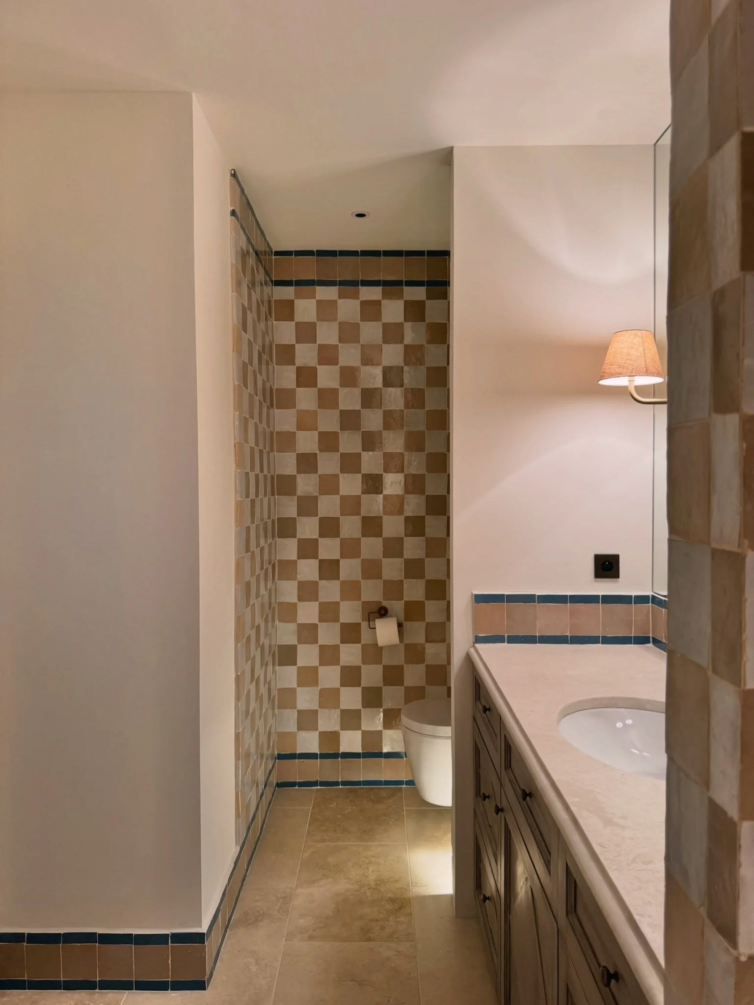 Bathroom with a sink and vanity on the right, a wall-mounted lamp above, and a separate shower area with beige and brown checkered tiles and a toilet in the back.