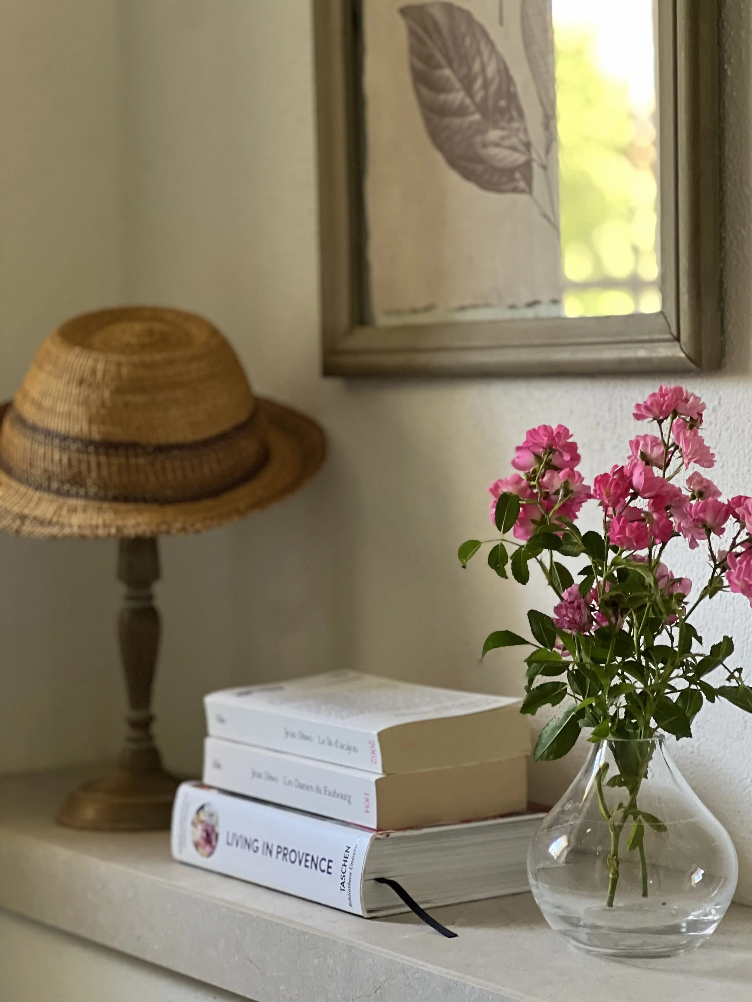 vignette showing provence books, straw hat, pink roses
