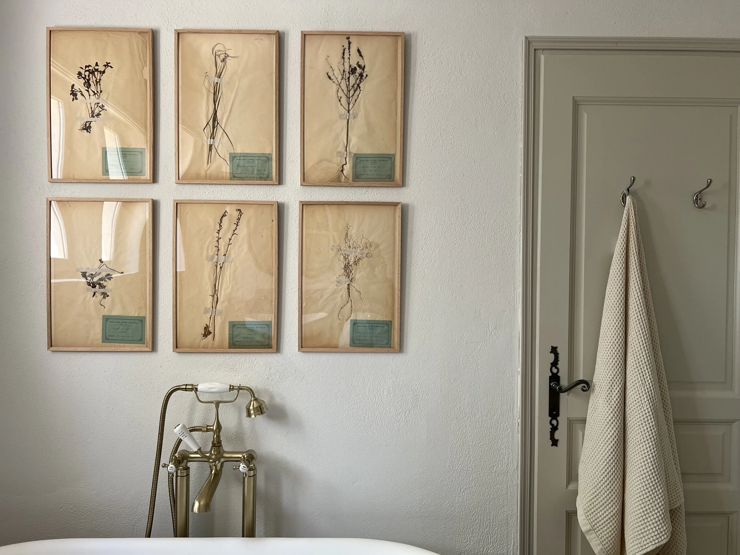 herbiers collection over a bath tub and traditional taps and shower, rustic linens