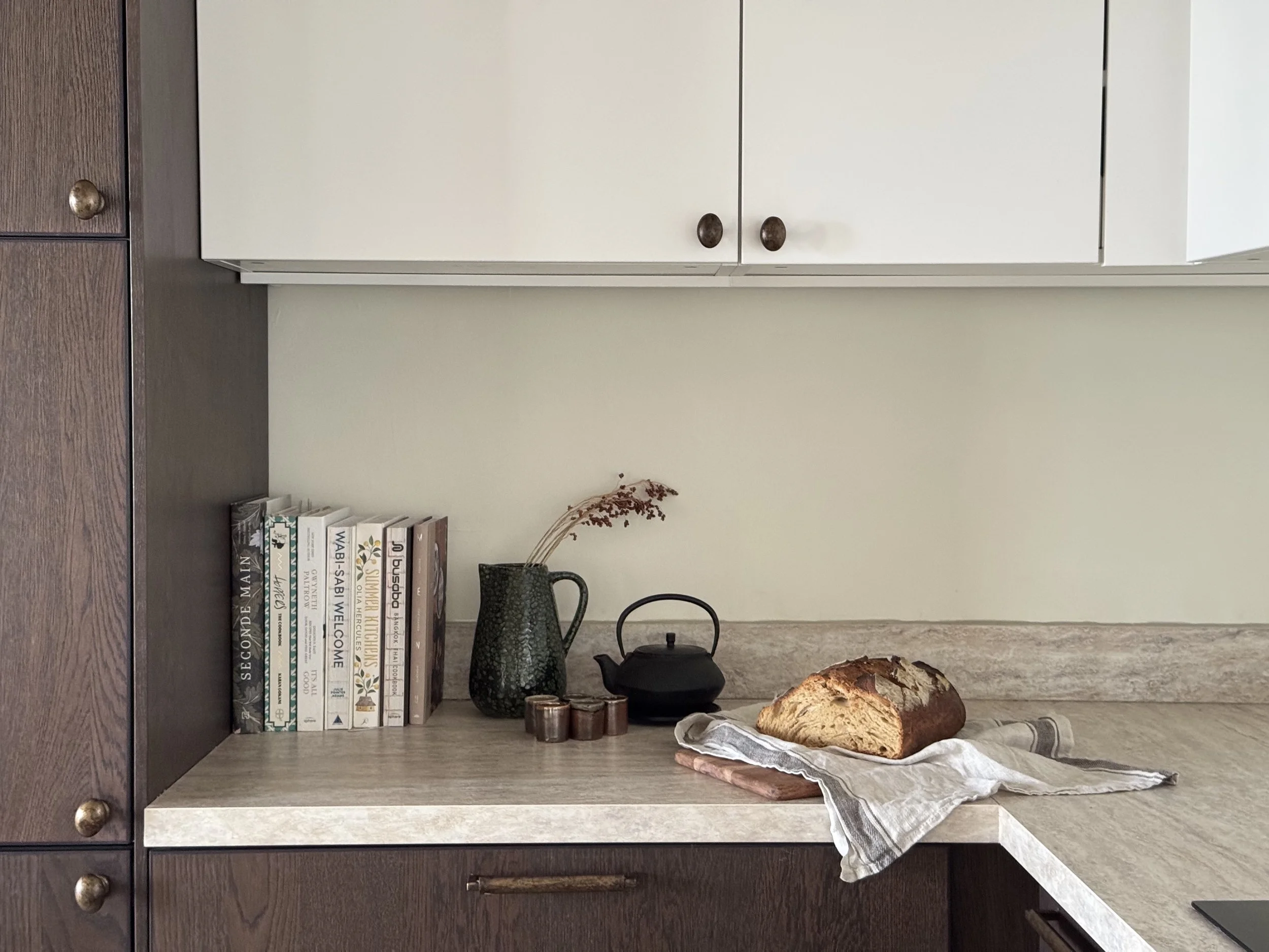 kitchen cabinets, natural materials, bread