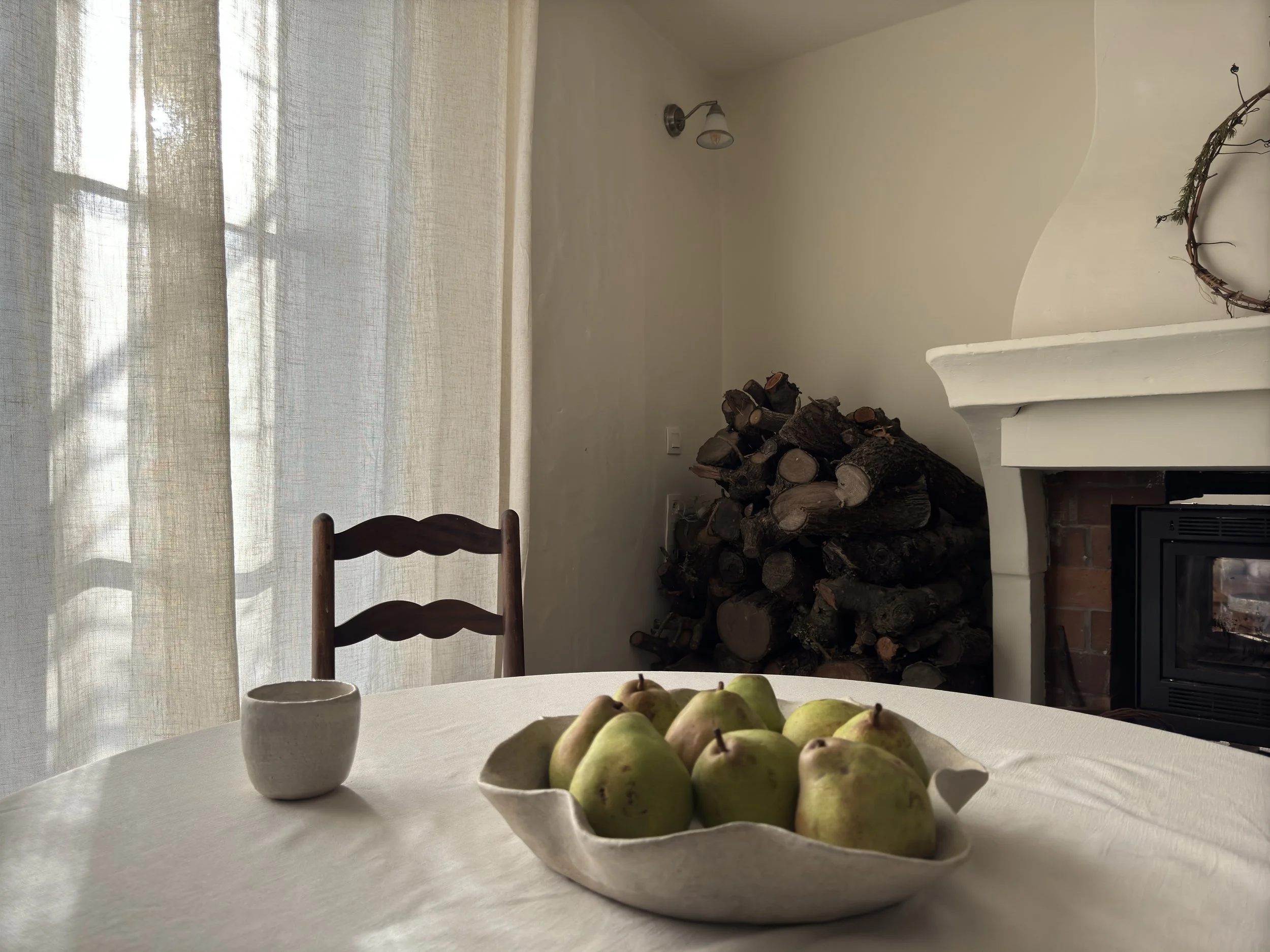 rustic interior with ceramic dish and pears